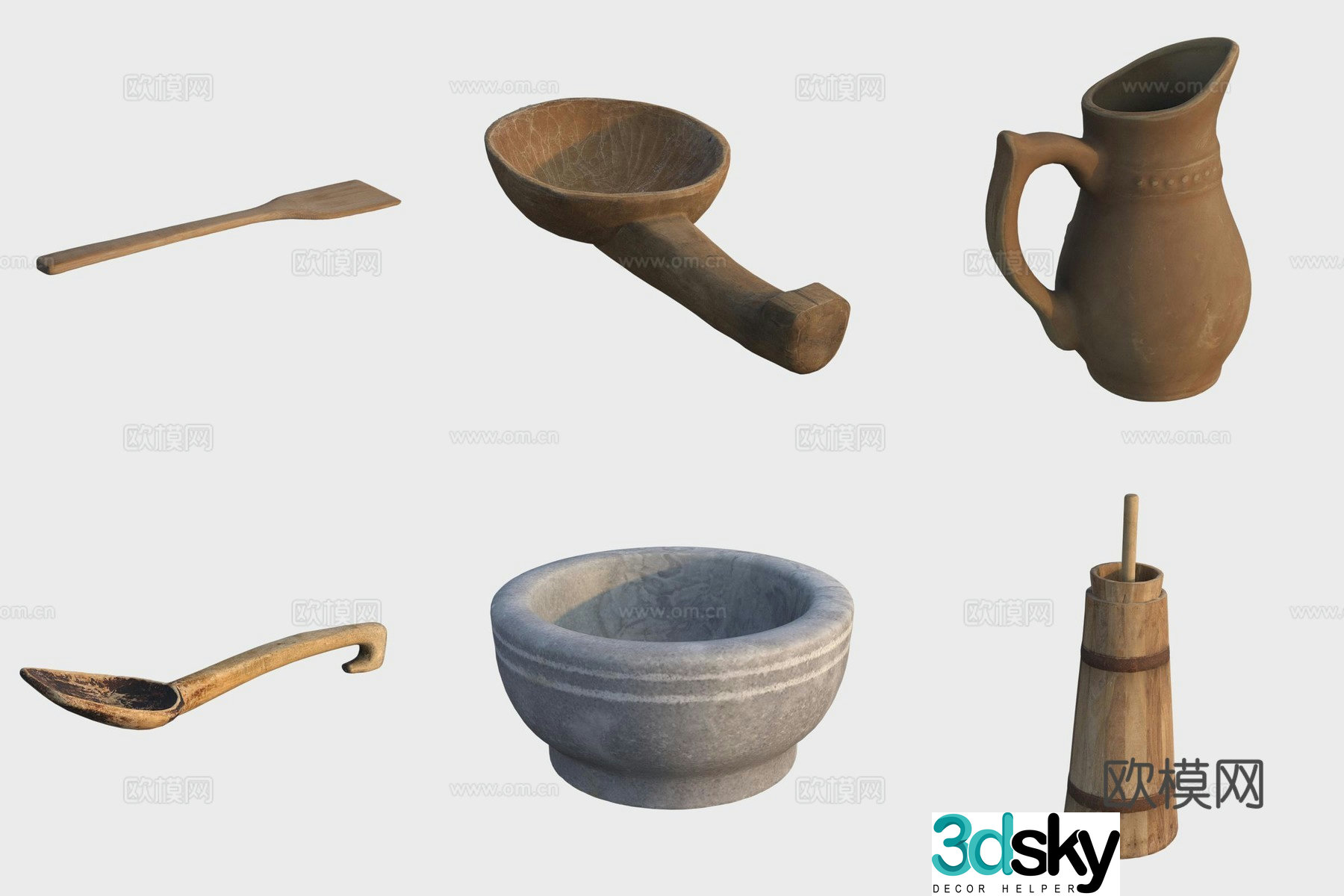 Ancient wooden products kitchen utensils stone mortar spatula water scoop wooden scoop clay pot 3d model