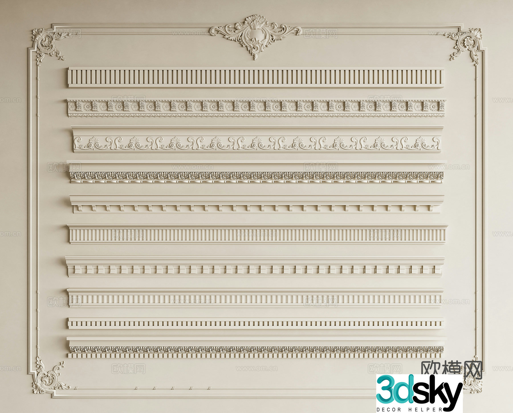 French meridian gypsum line lines carved lines carved gypsum line tiger head line French line 3d model
