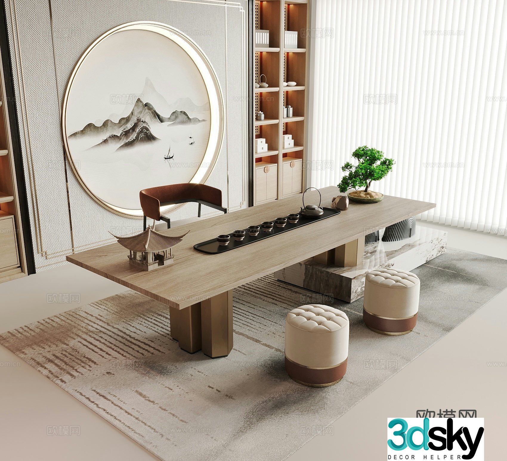 New Chinese style tea table and chairs background wall tea cabinet tea set tea room sofa stool 3D model