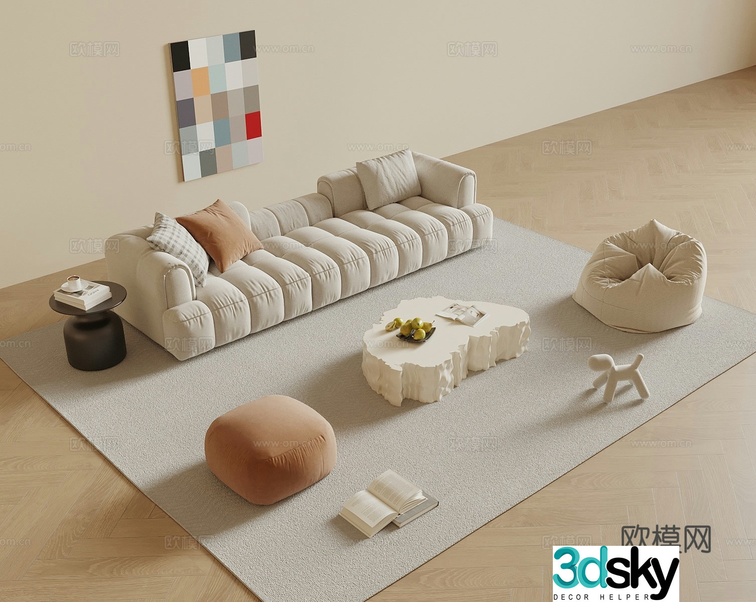 Modern cream style sofa coffee table combination 3D model