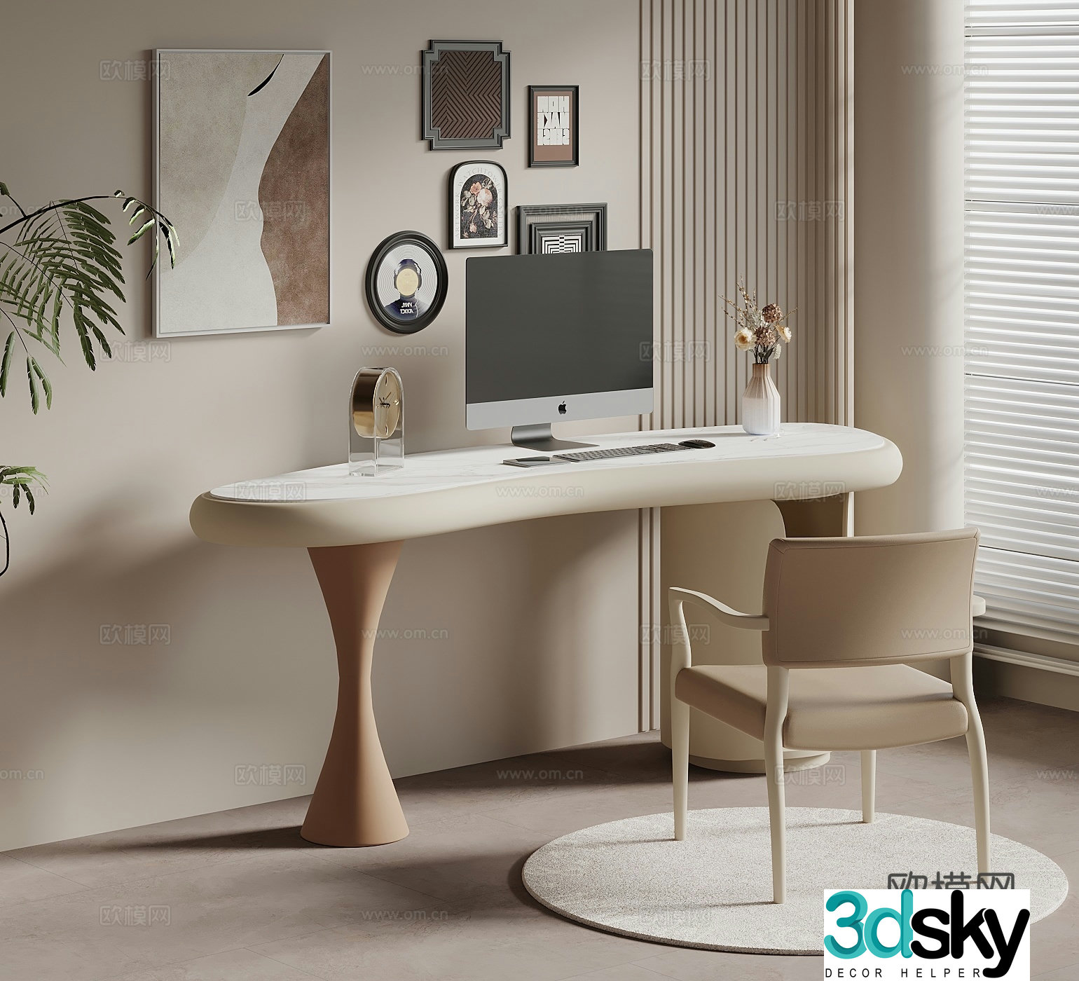 Desk Creamy Wind Wasabi Writing Desk Computer Desk Desk Chair 3D Model