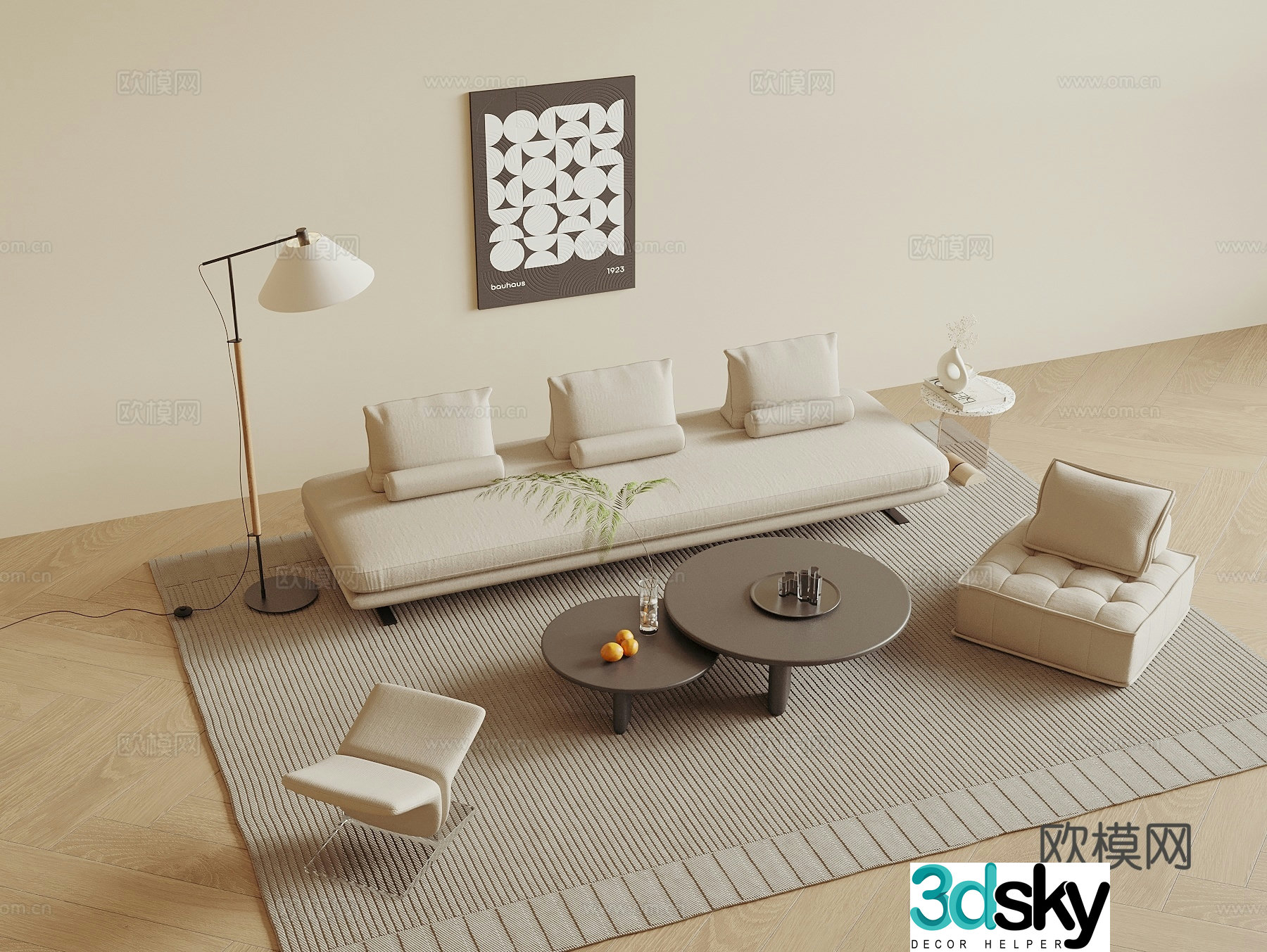 Modern sofa coffee table combination three-person sofa single sofa painting living room sofa floor lamp 3D model