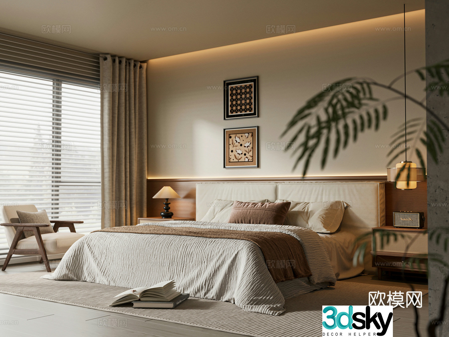 Modern medieval bedroom double bed leisure chair chandeliers desk lamp hanging painting master bedroom 3D model