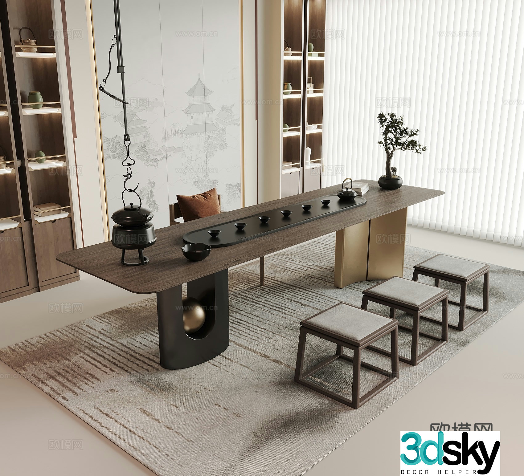 New Chinese style tea table and chairs background wall tea cabinet tea set tea room hanging teapot stool 3d model