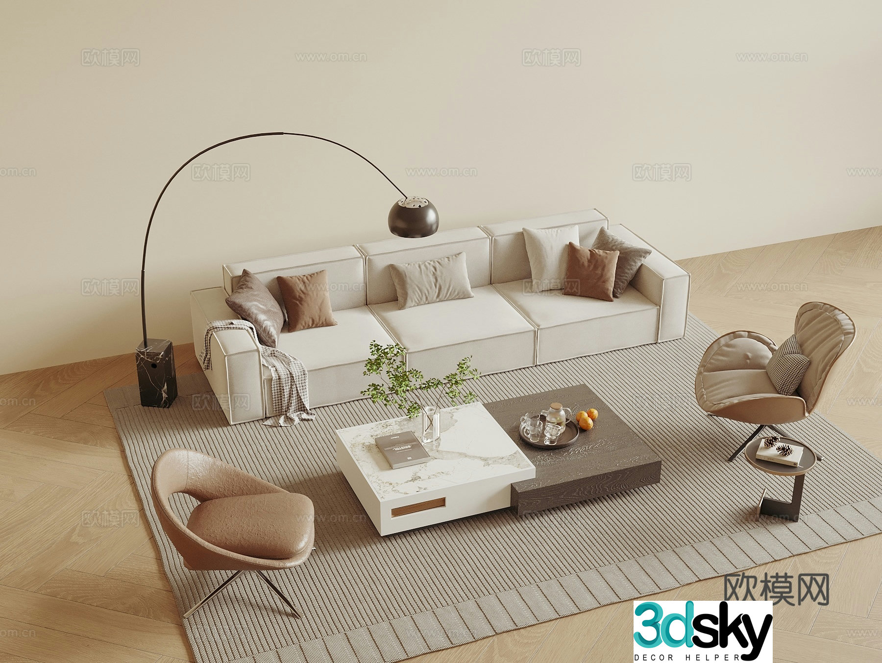 Modern sofa coffee table combination three-person sofa leisure chair 3d model