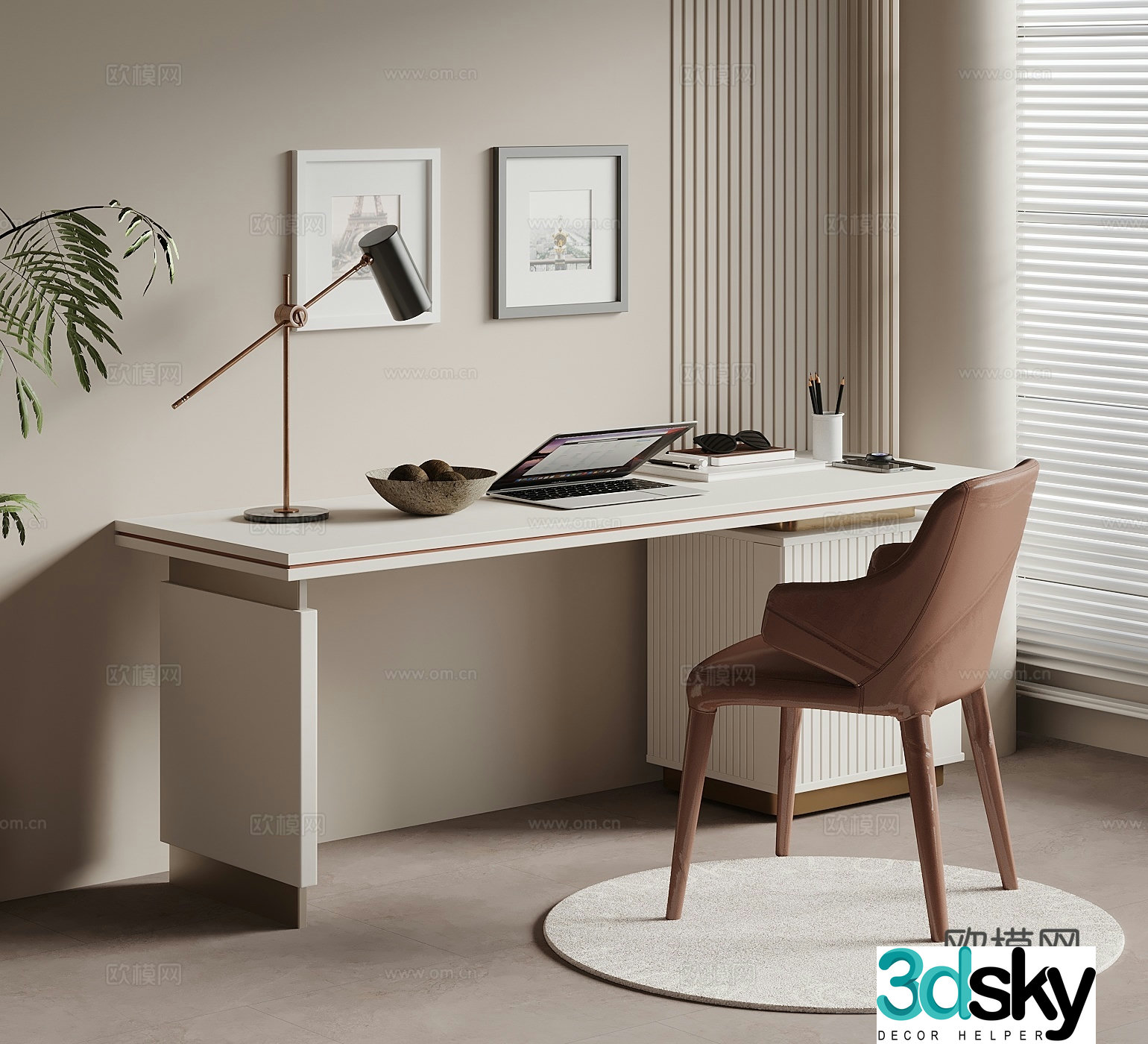 Desk Creamy Wind Wasabi Writing Desk Computer Desk Desk Chair 3D Model
