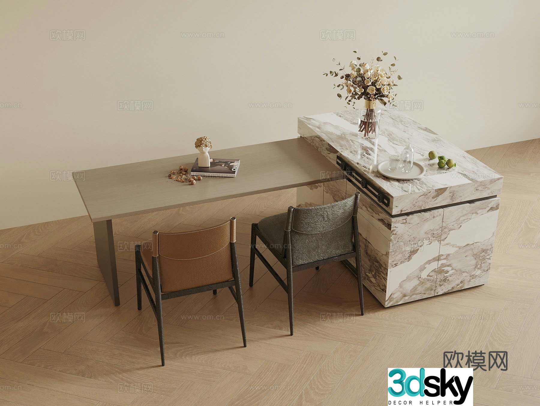 Modern island dining table and chair combination 3D model