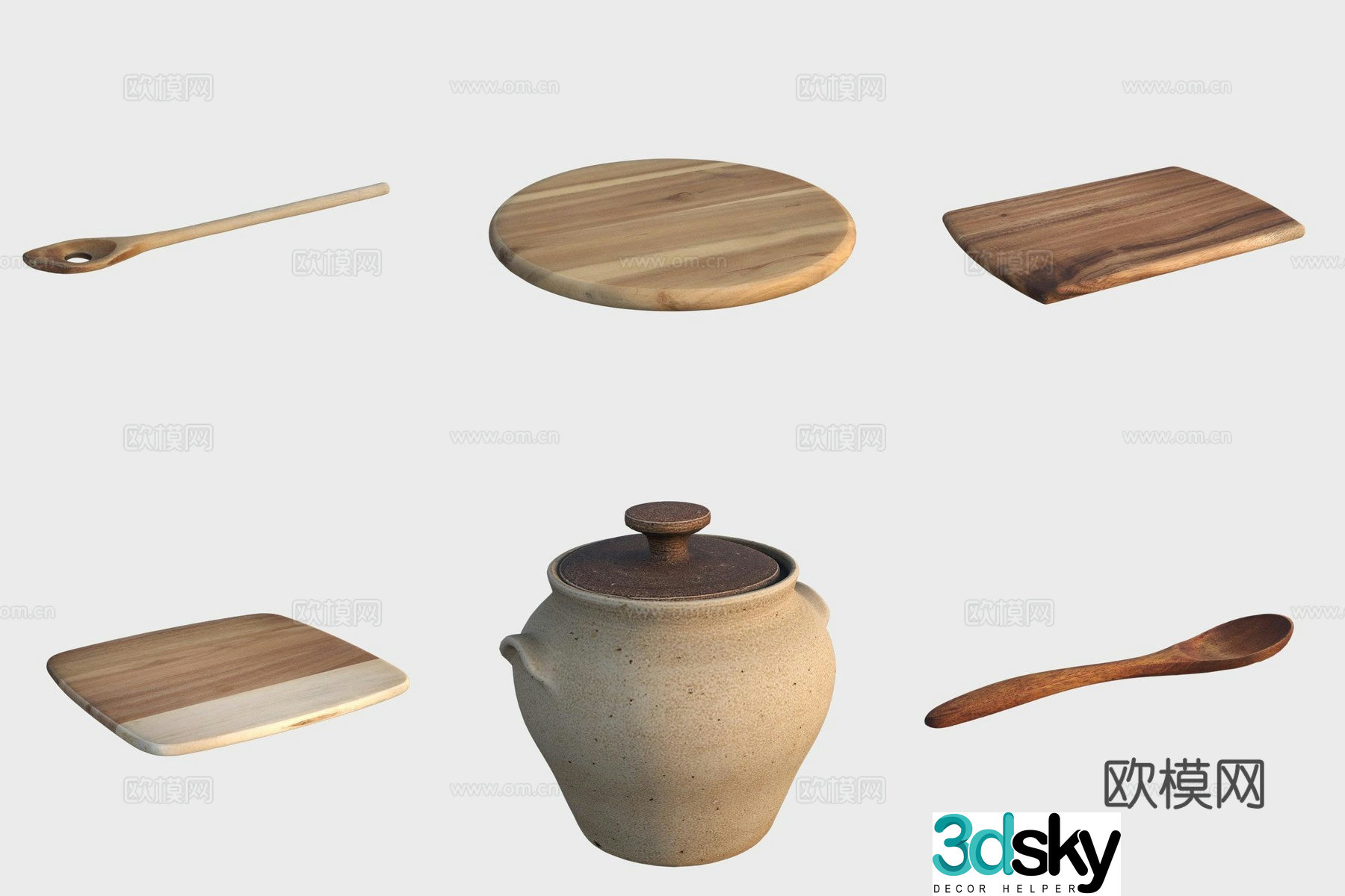 Ancient kitchen utensils ceramic pottery wooden products cutting board wooden spoon 3D model