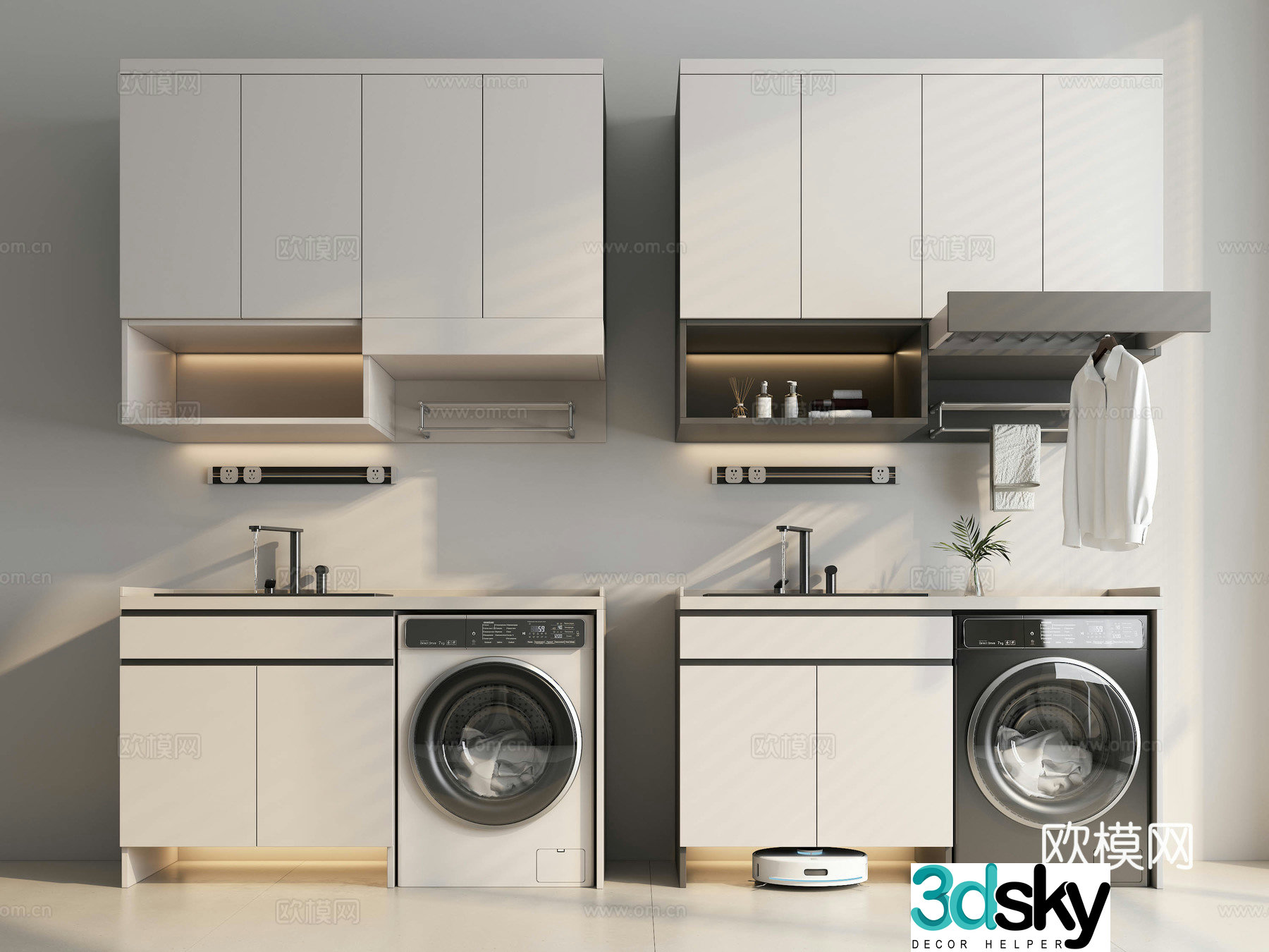 Modern washing machine cabinet balcony washing machine balcony clothes drying rack sweeping robot dryer 3d model