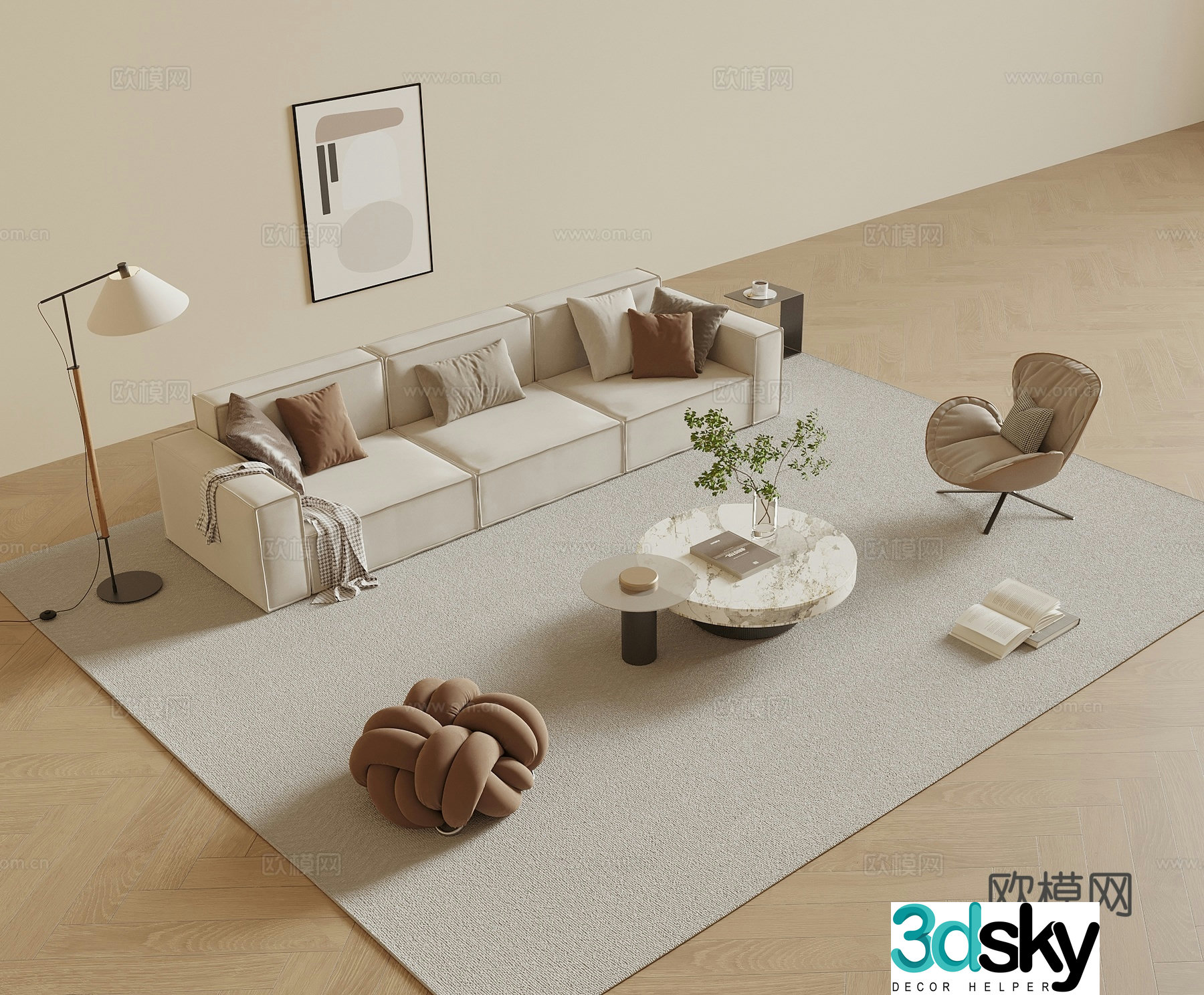 Modern sofa coffee table combination leisure chair three-person sofa painting floor lamp 3D model