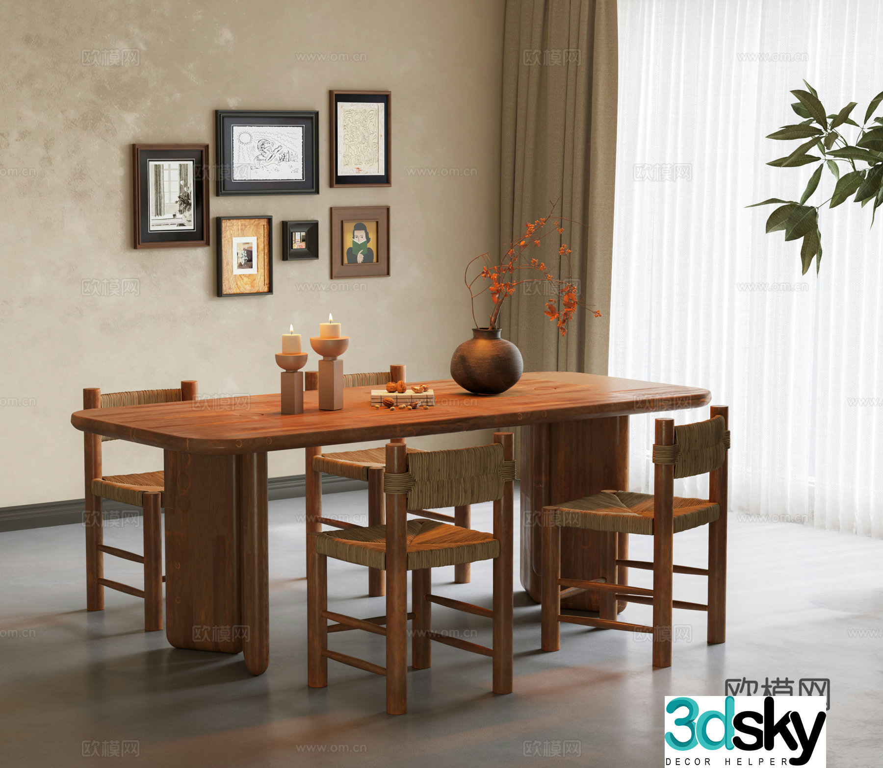 Wasabi Medium Style Dining Table and Chair Combination Candle Dining Table Wooden Dining Chair Long Dining Table Medium Style Dining Table 3D Model