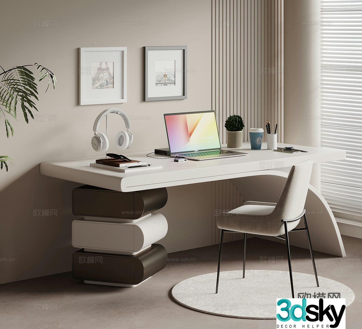 Desk Creamy Wind Wasabi Writing Desk Computer Desk Desk Chair 3D Model