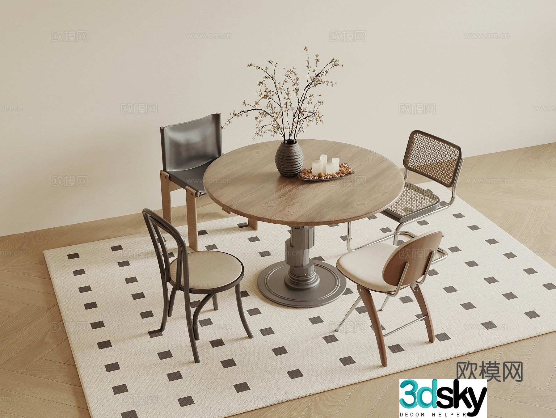 Wasabi medieval style round dining table and chair combination single chair 3D model