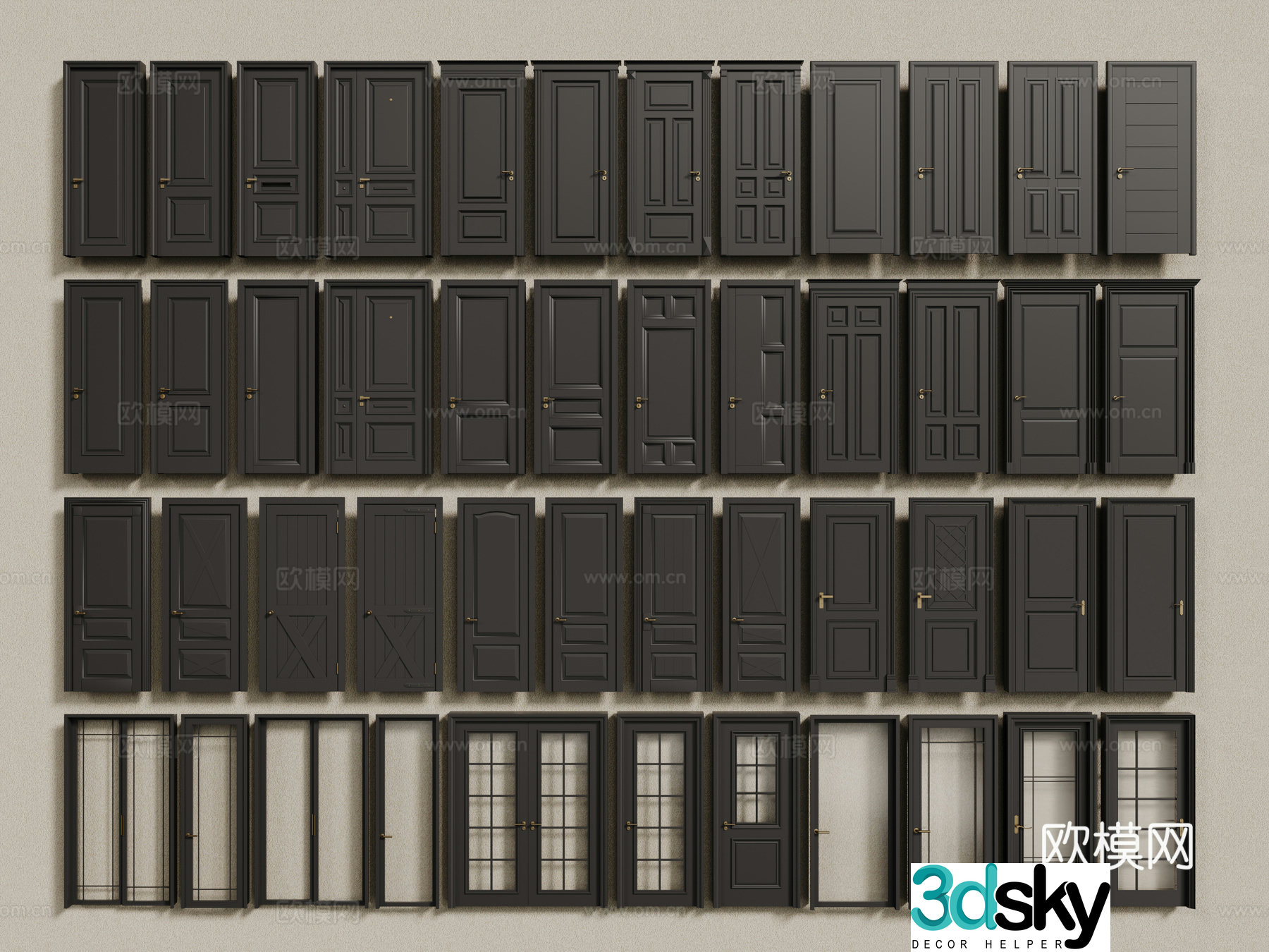 French retro single-open door black wooden door security door French combination door 3D model