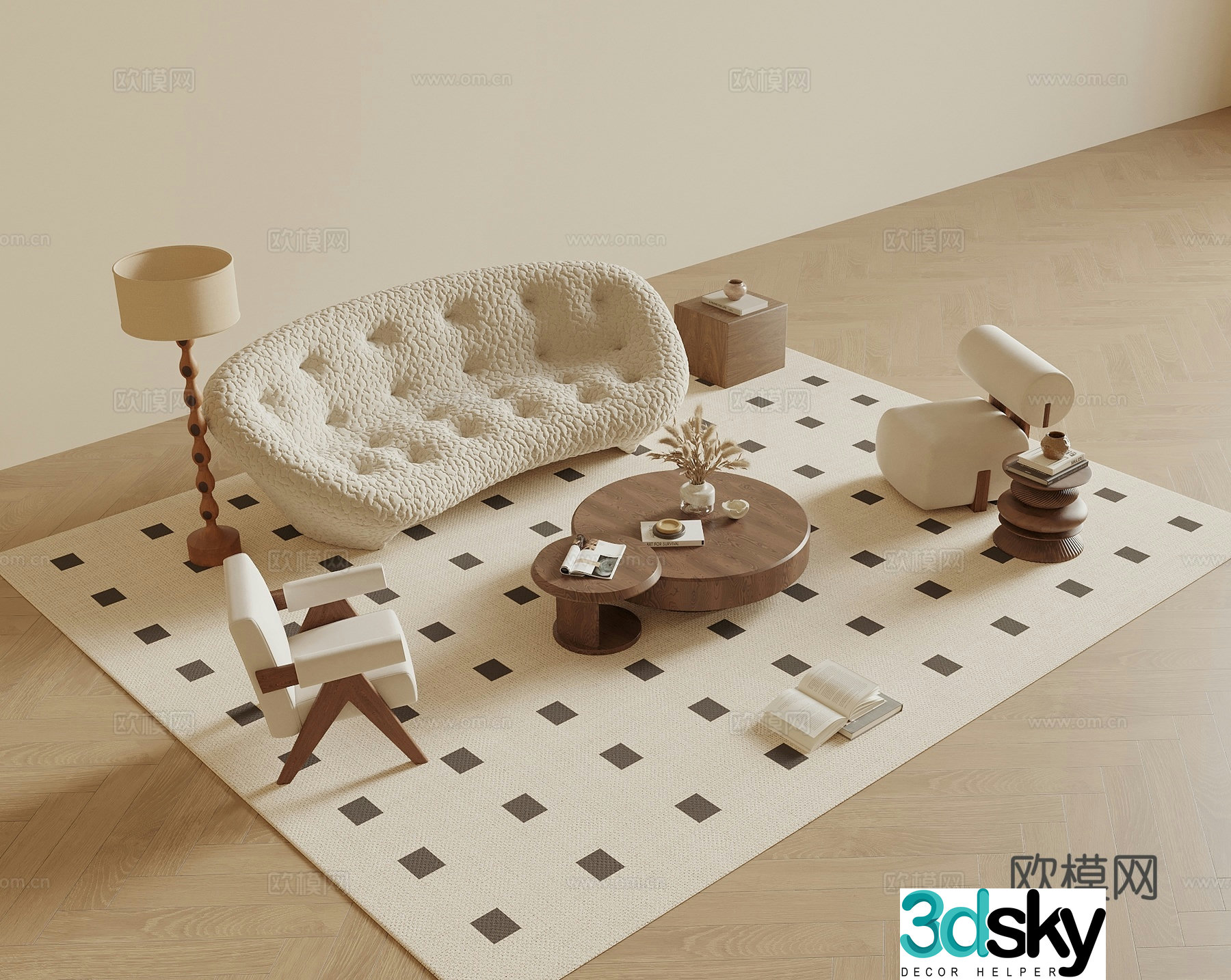 Wasabi Middle Style Sofa Coffee Table Combination Curved Sofa Single Sofa Leisure Chair Living Room Sofa 3D Model