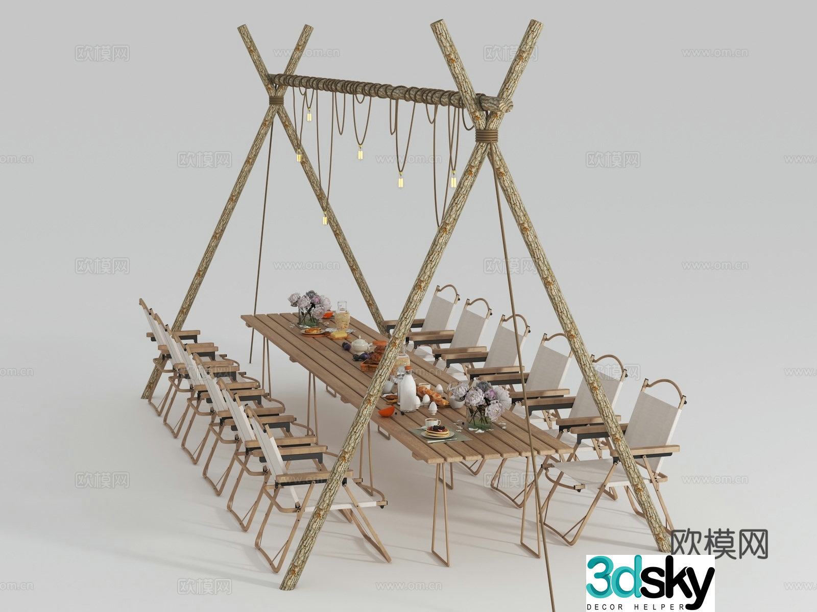 Camping atmosphere lamp table and chair combination (3d model