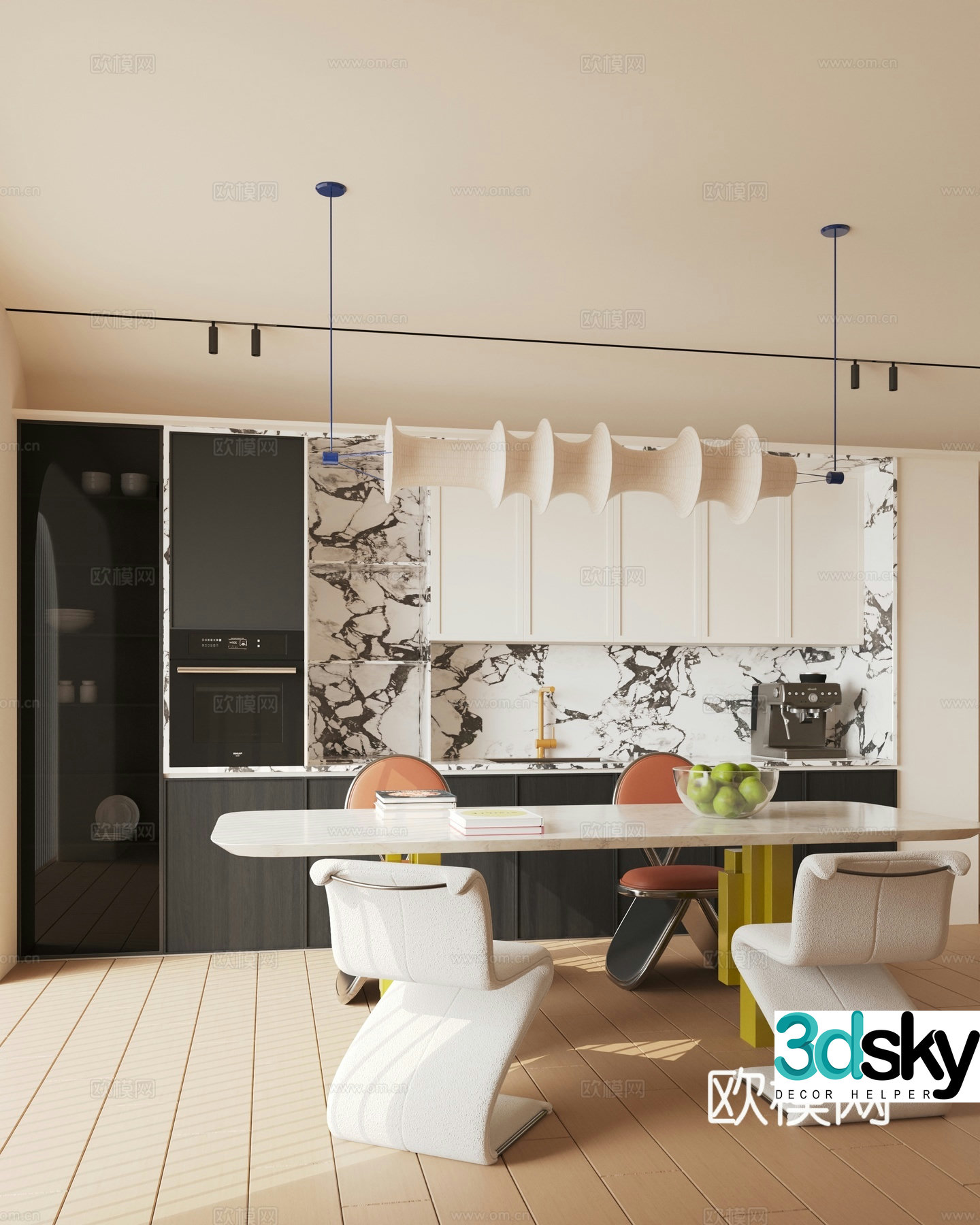 Modern cream home restaurant Open restaurant Long table restaurant Dining table chair Restaurant chandeliers Medium 3D model