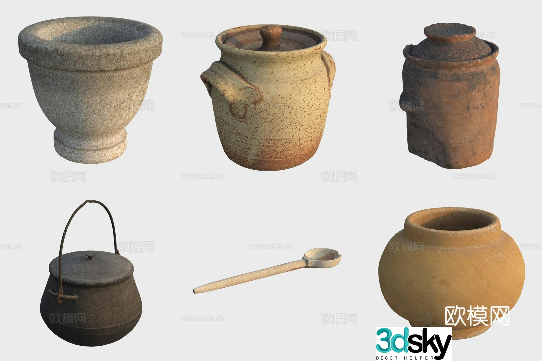 Ancient kitchen utensils stone mortar pot pot pot pot pot pot 3d model