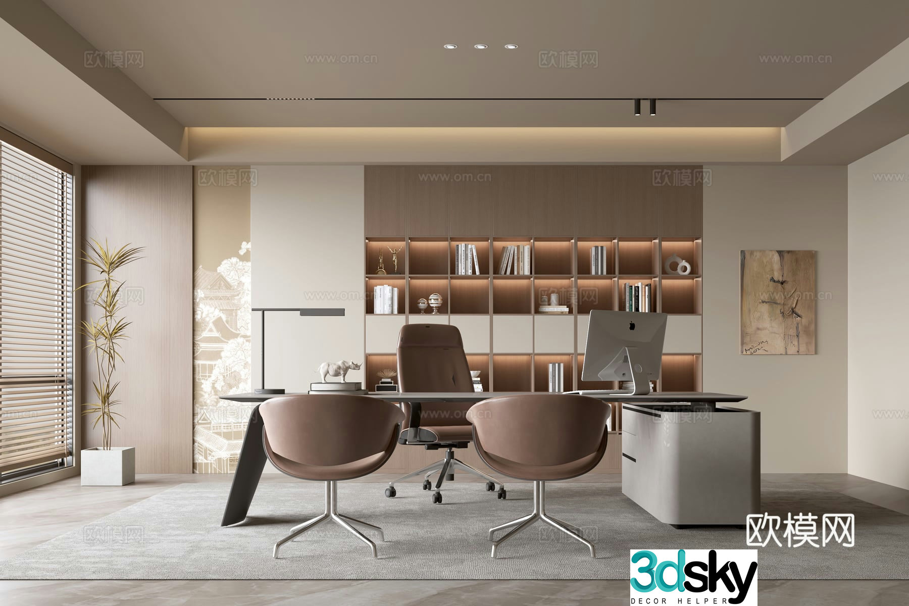 Modern office background wall bookcase office bookcase bookcase background wall solid wood office desk chair 3d model