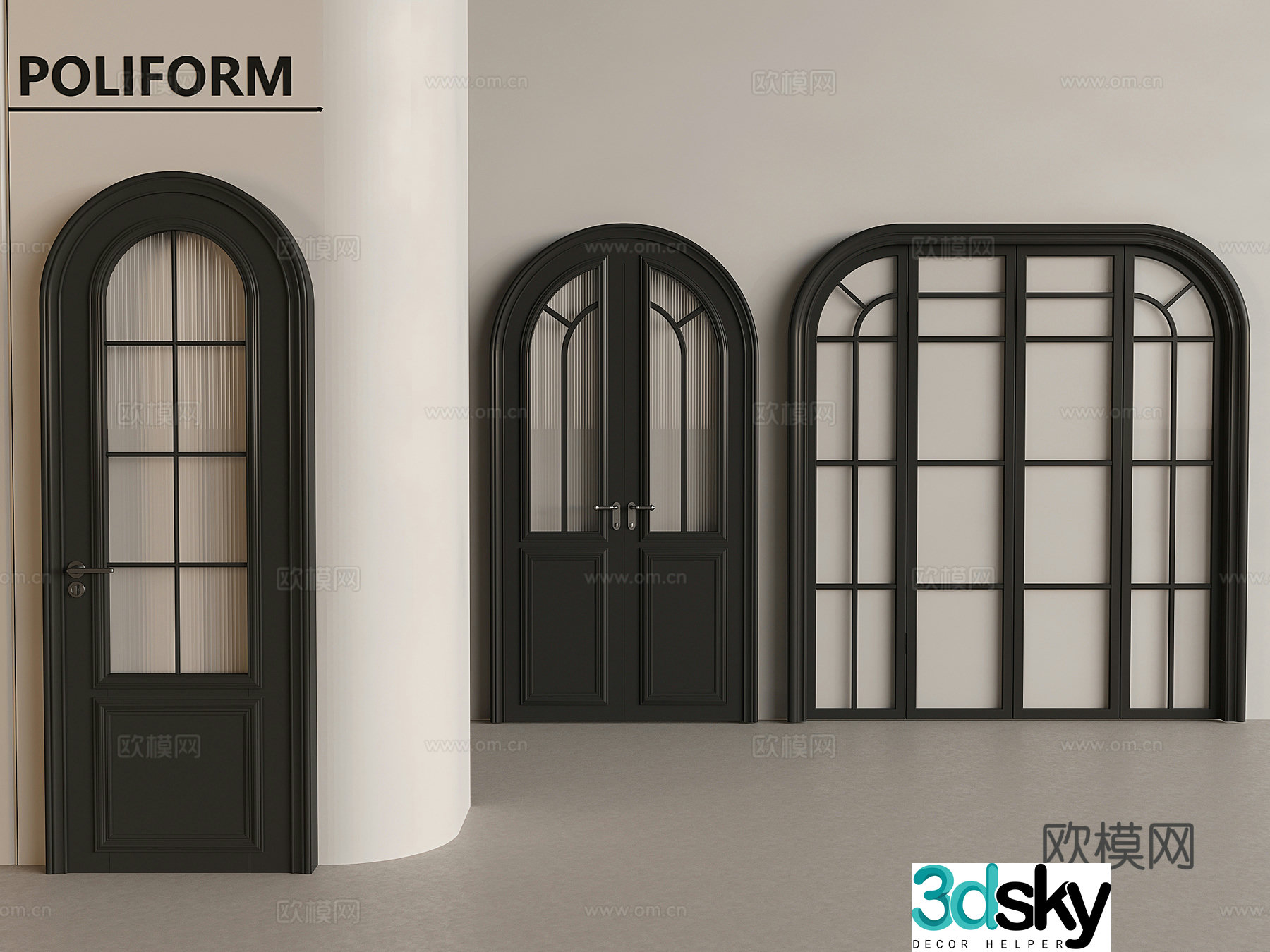 French retro single-opening door curved solid wood double-opening door Changhong glass swing door 3D model