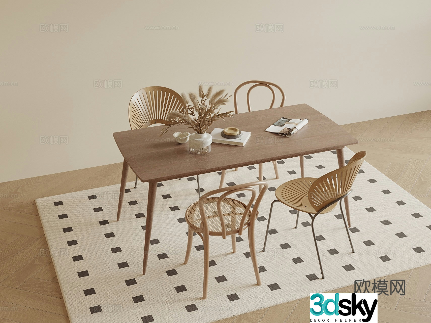 Middle style dining table and chairs Wasabi style dining table and chairs Single chair 3D model