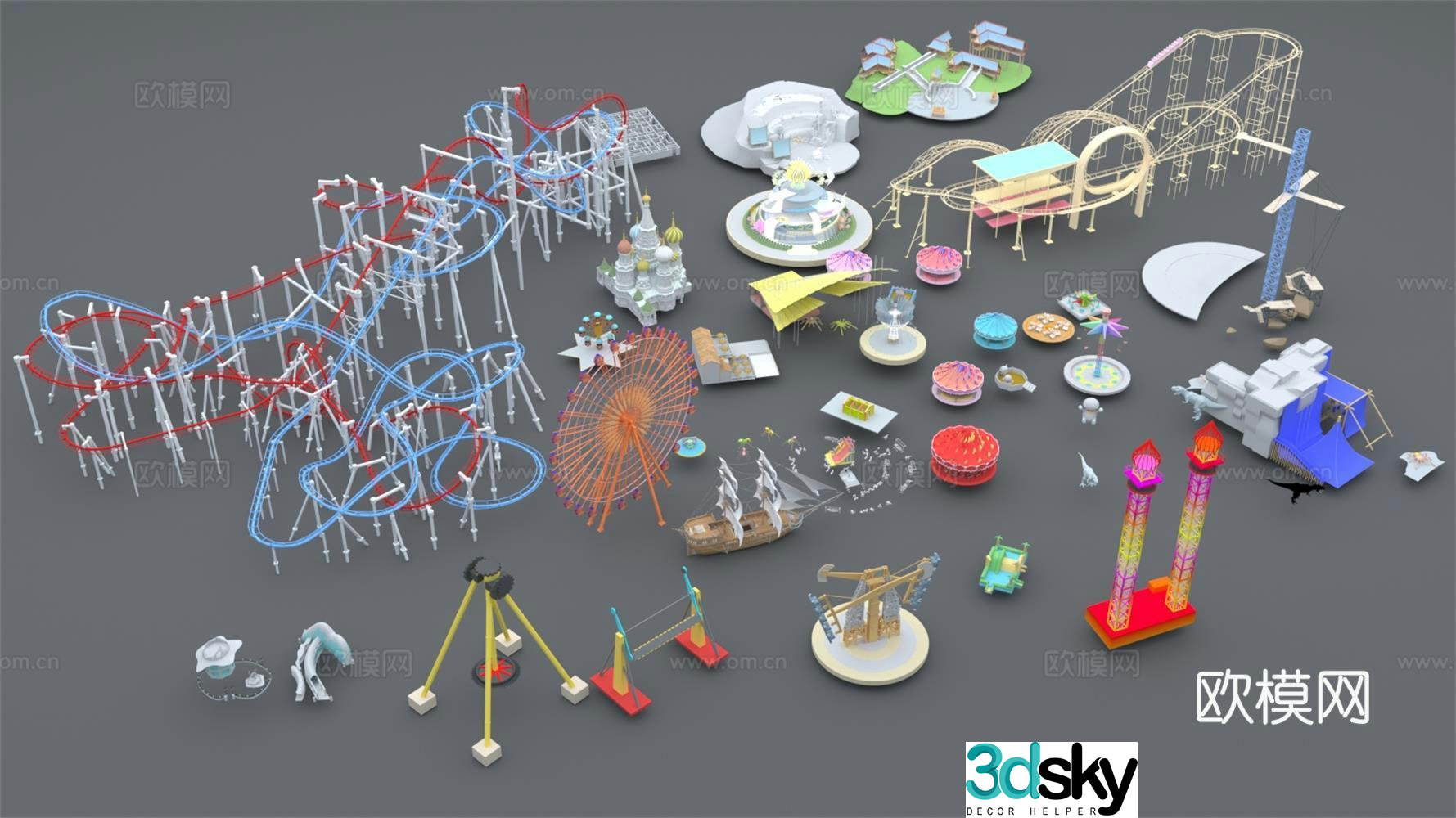 Playground Rides Happy Valley Ferris Wheel Corsair Roller Coaster Pendulum 3D Model