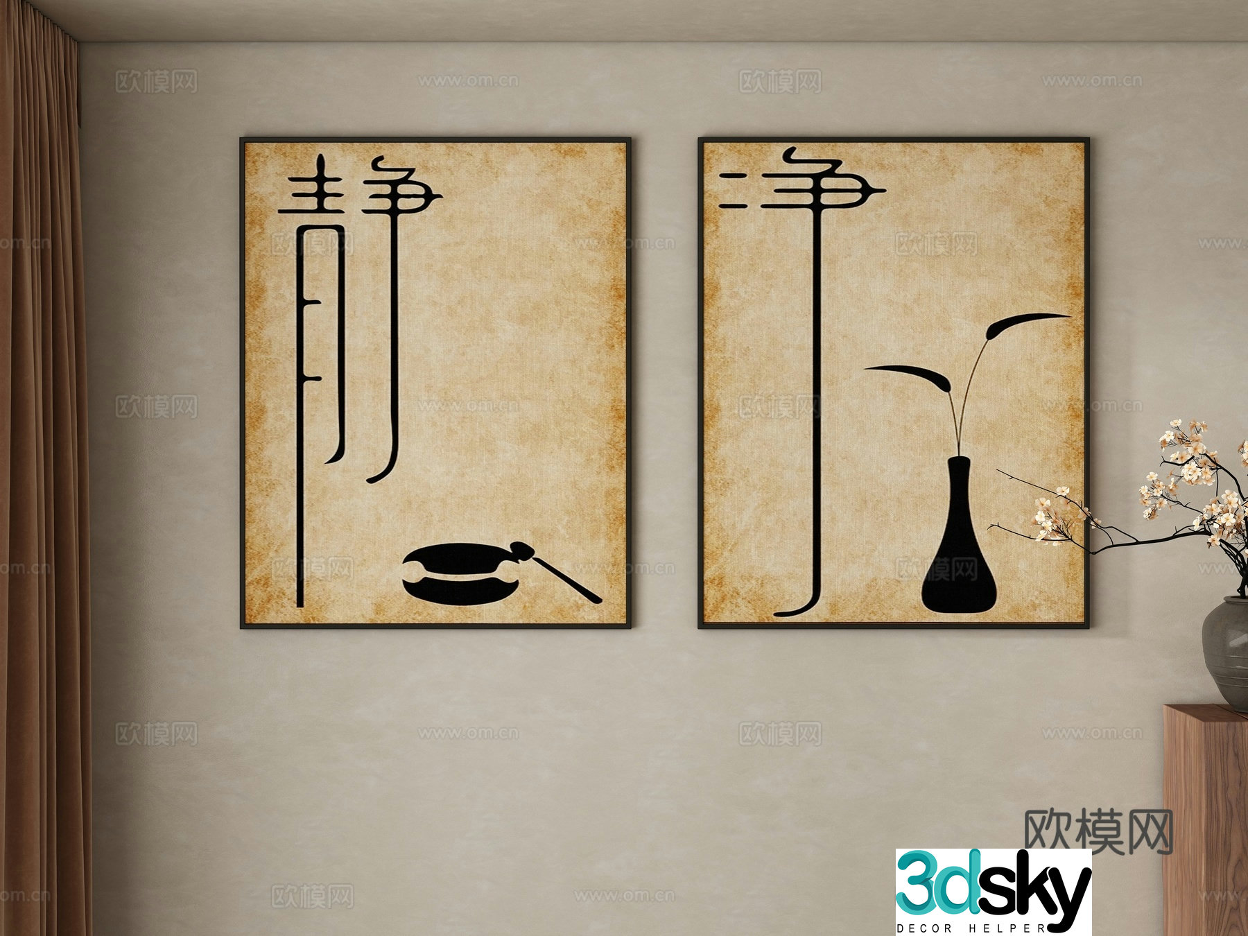 New Chinese style hanging paintings decorative paintings calligraphy and paintings 3D model