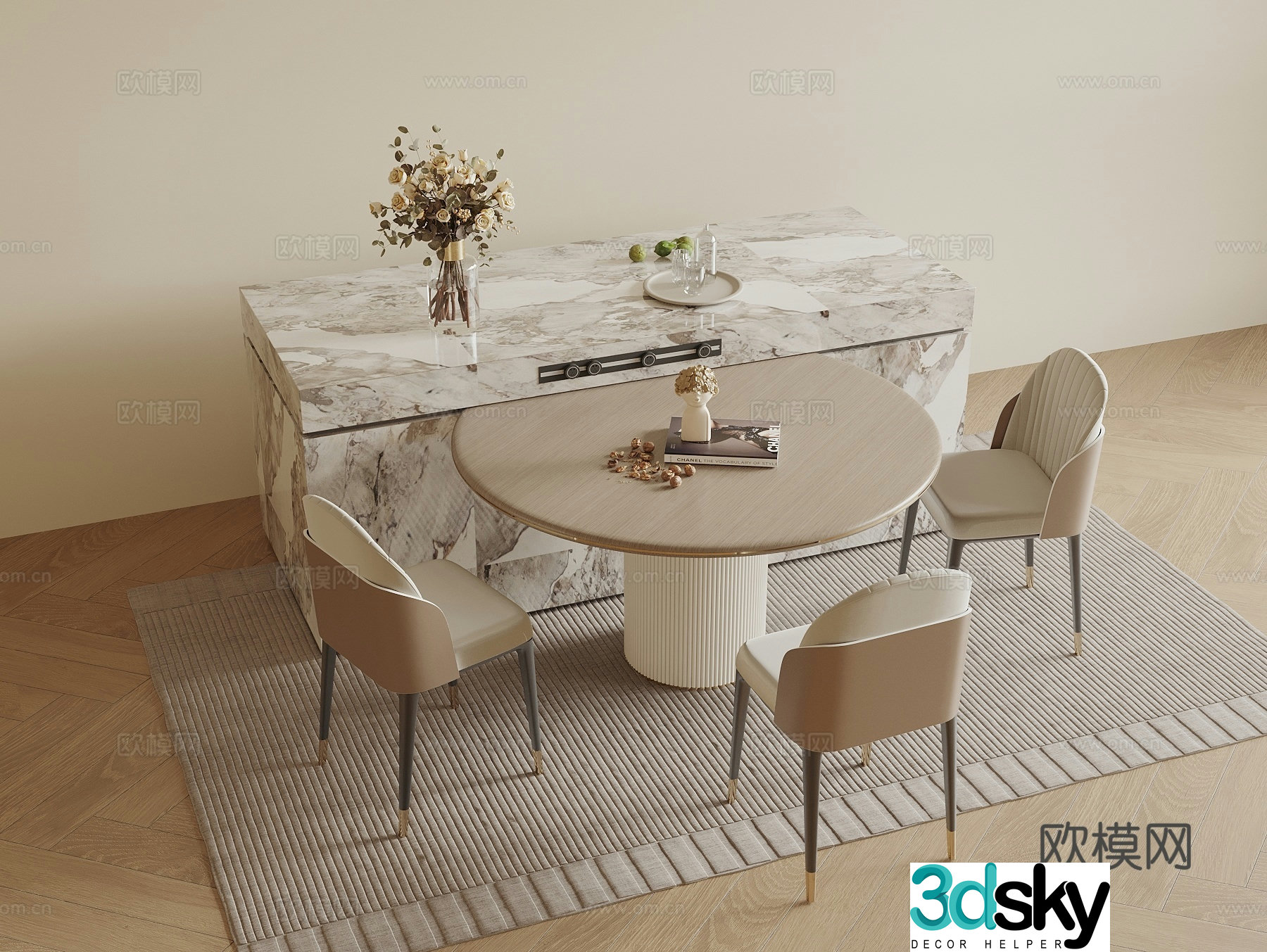 Modern island round dining table and chair 3d model