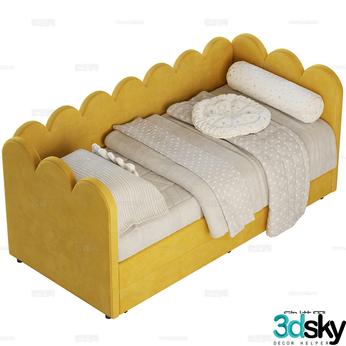 Modern Tabby Yellow Goosebread Fabric Children’s Bed 3D Model