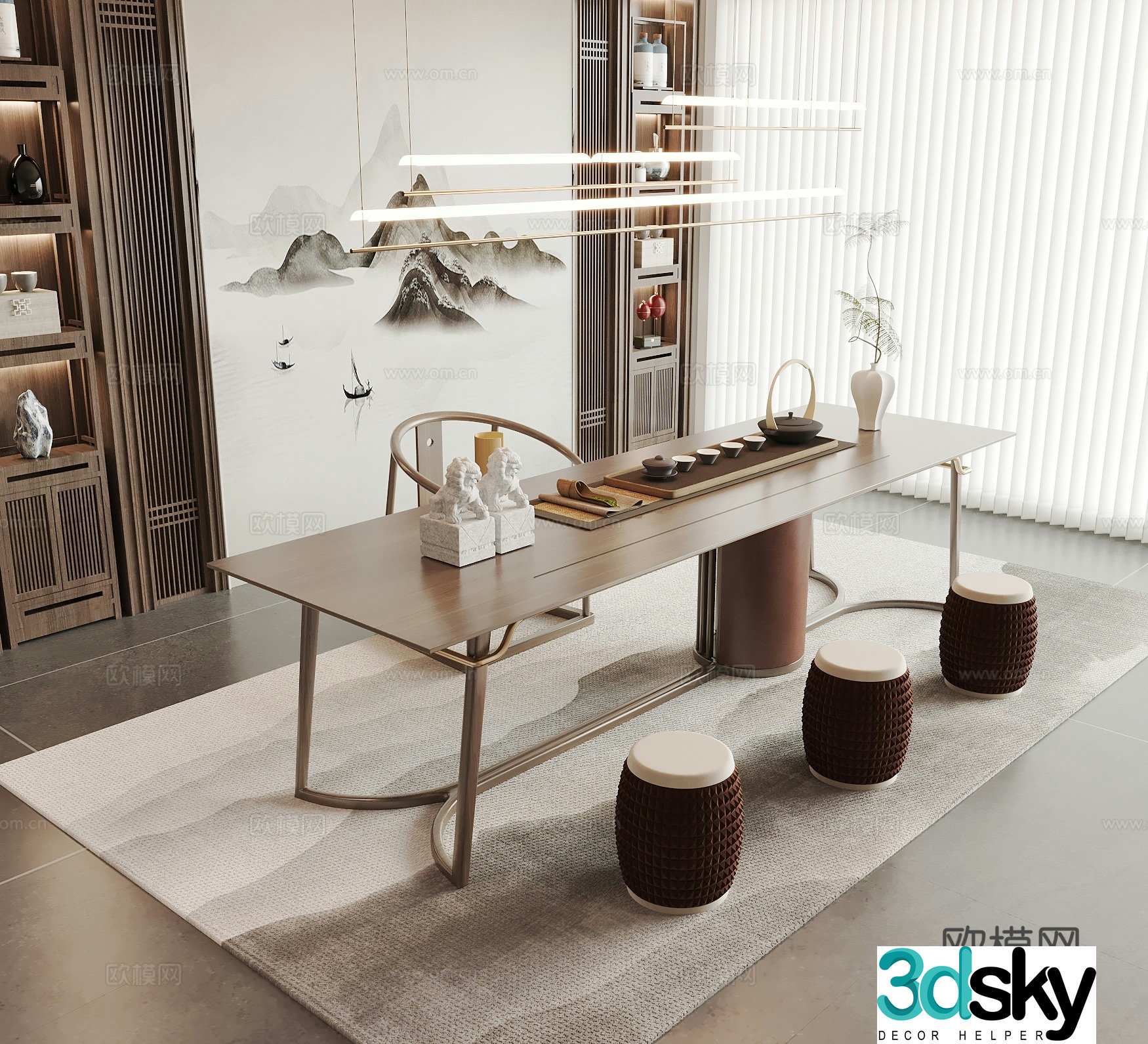 New Chinese style tea table and chairs tea sets tea room tea cabinet chandeliers dream curtains 3D model