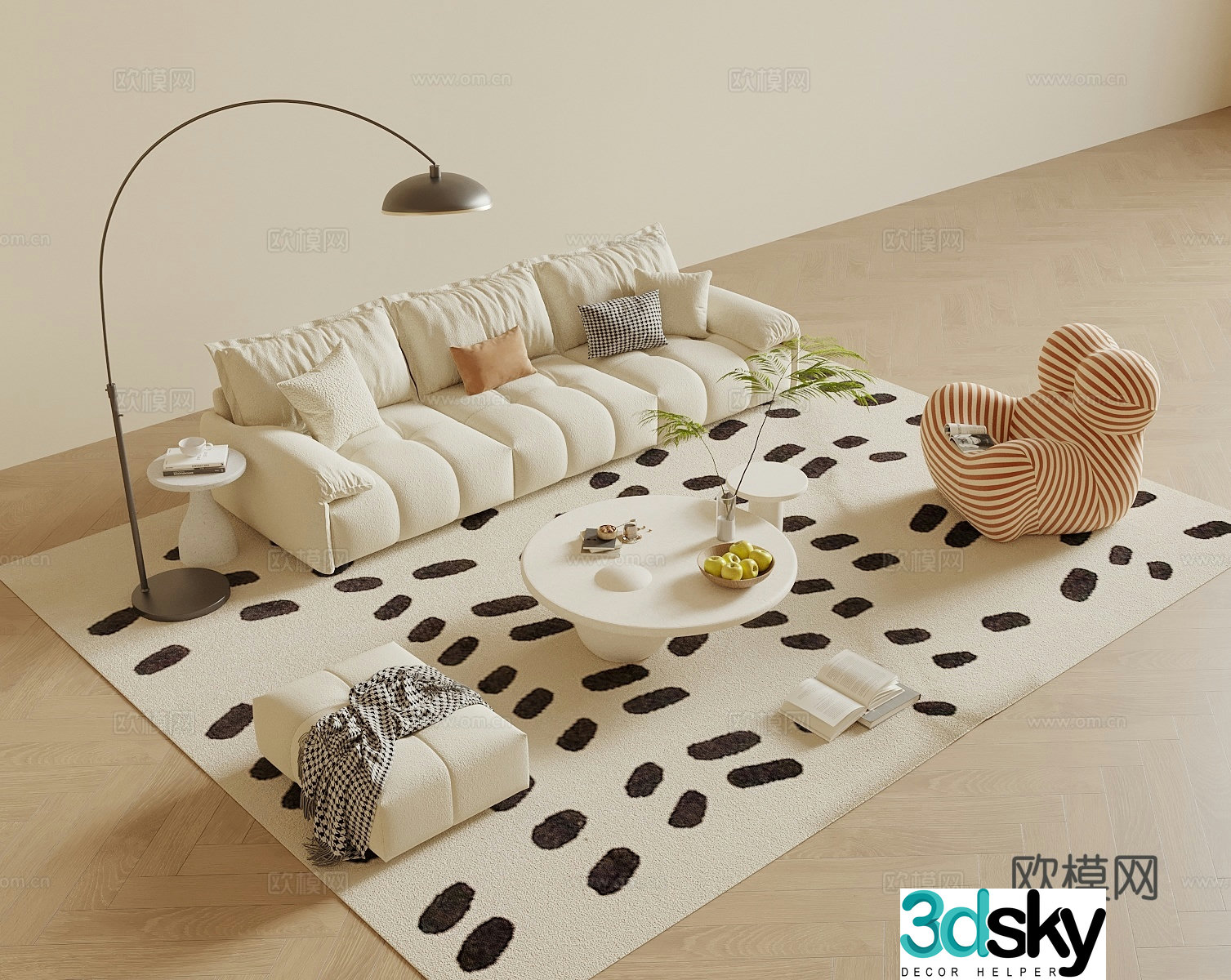 Modern cream style sofa coffee table combination three-person sofa lazy sofa single sofa living room sand 3D model