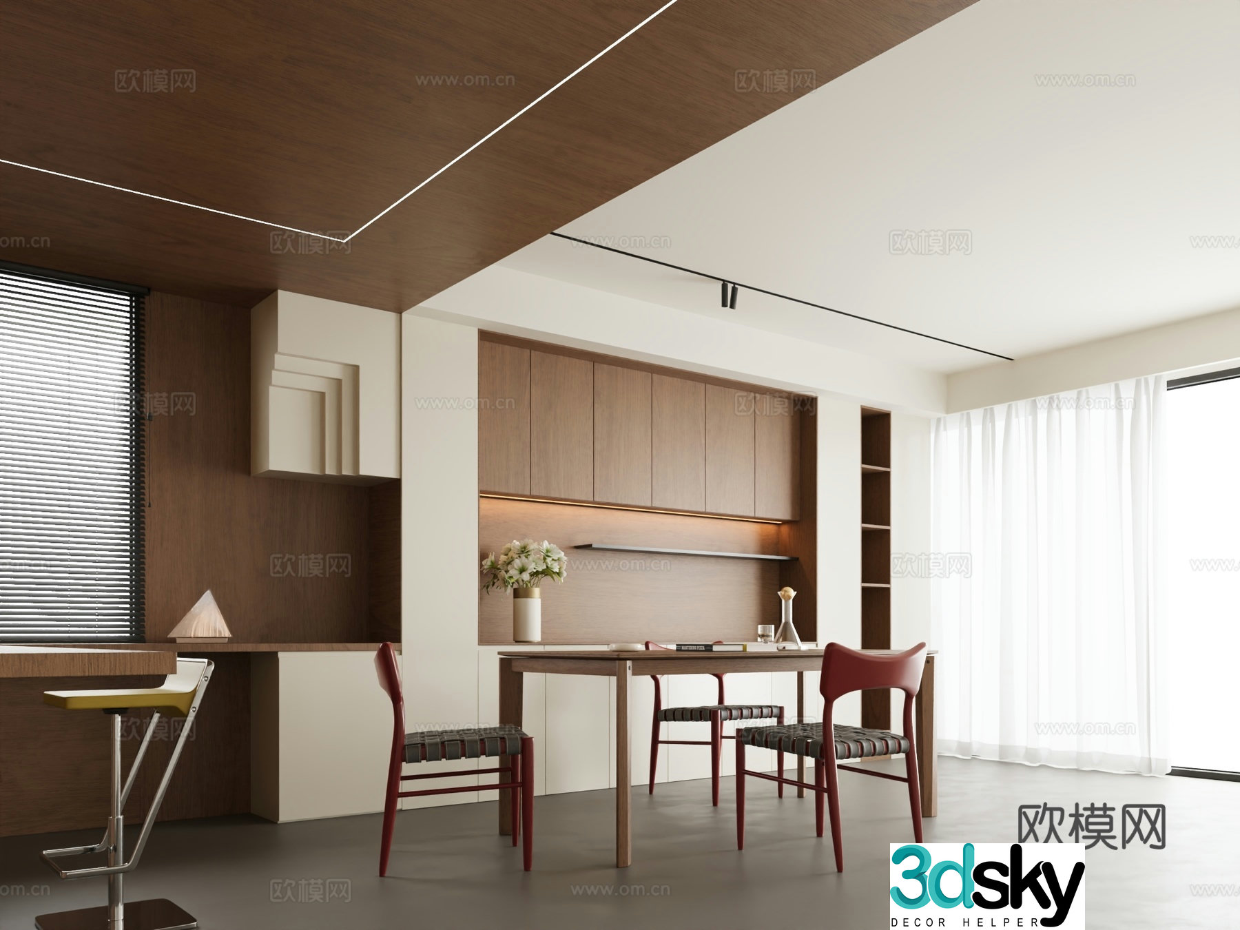 Modern minimalist villa restaurant ownerless lamp restaurant log dining table and chairs open dining restaurant long table dining 3D model