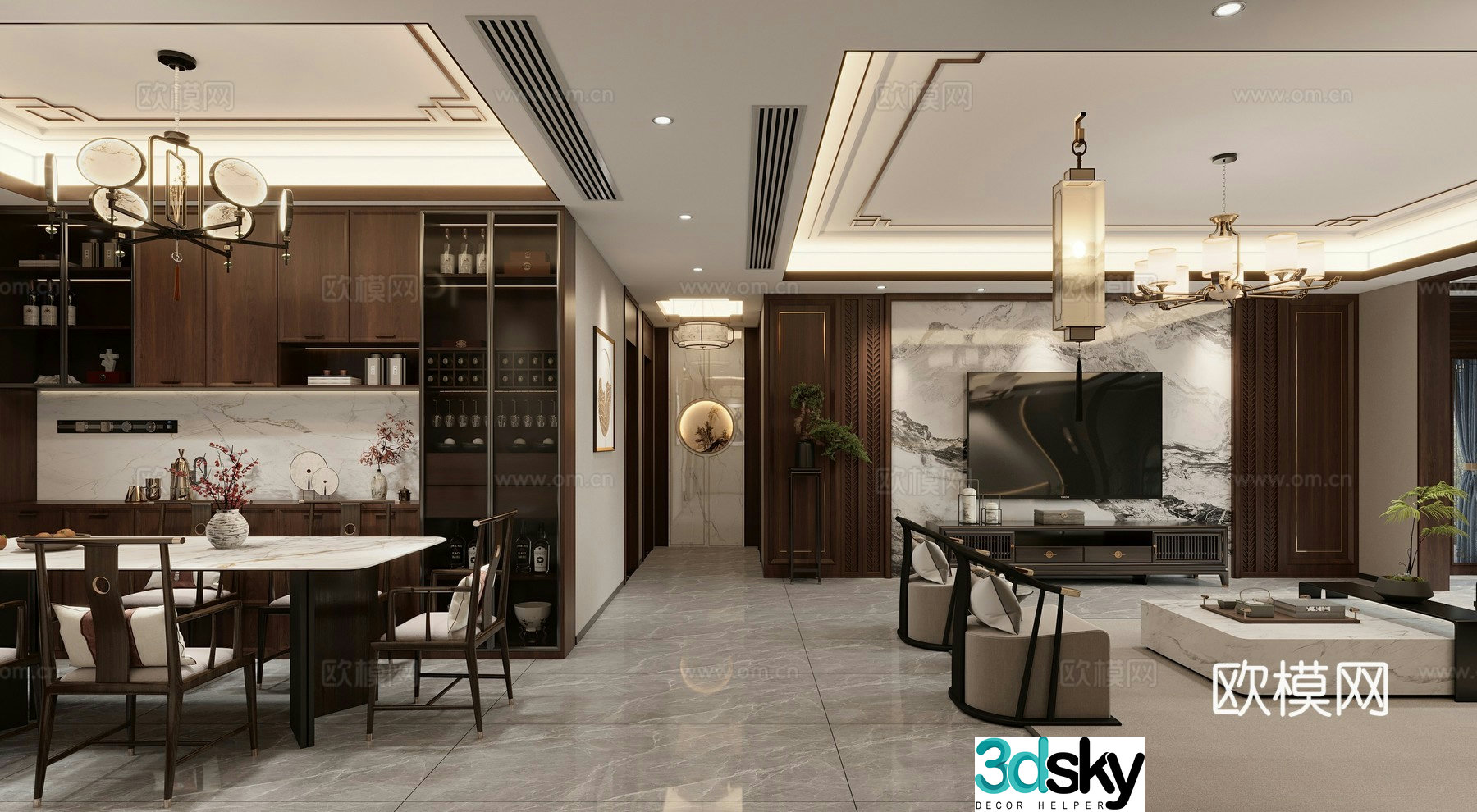New Chinese style living and dining room 3D model