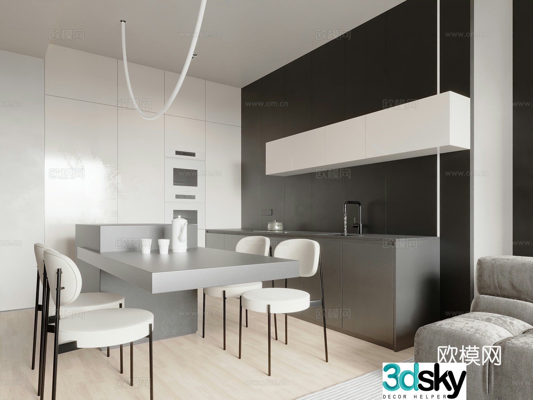 Modern minimalist style black and white gray restaurant 3d model