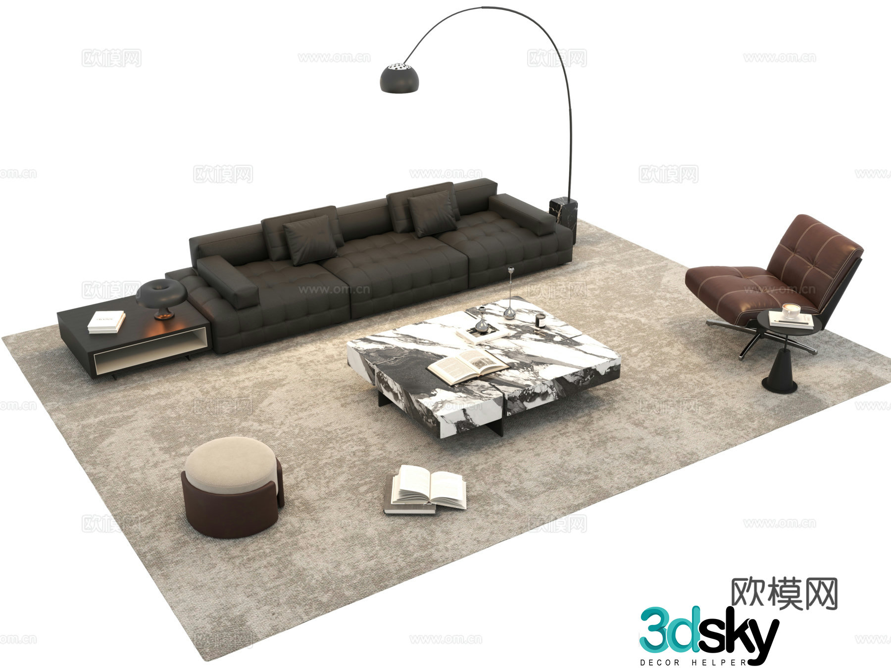 Modern Italian sofa combination rock-panel coffee table sofa coffee table combination multi-person sofa 3D model