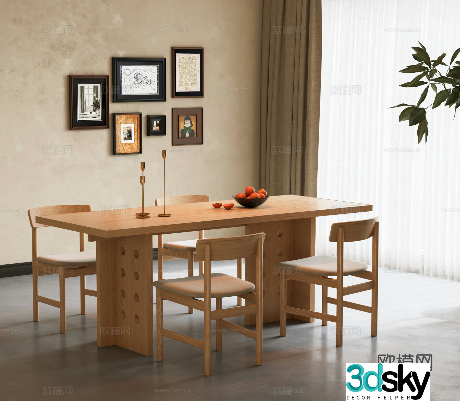 Wasabi log style dining table and chair combination solid wood dining table wooden dining chair long dining table log style restaurant 3D model