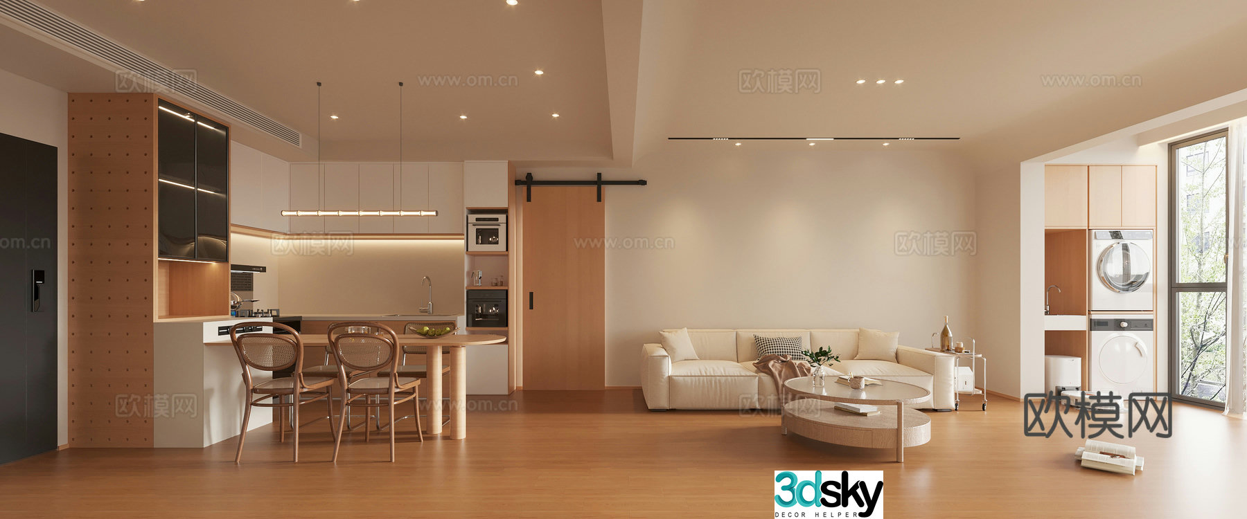 Cream log living room and dining room background wall kitchen island balcony washing machine 3d model