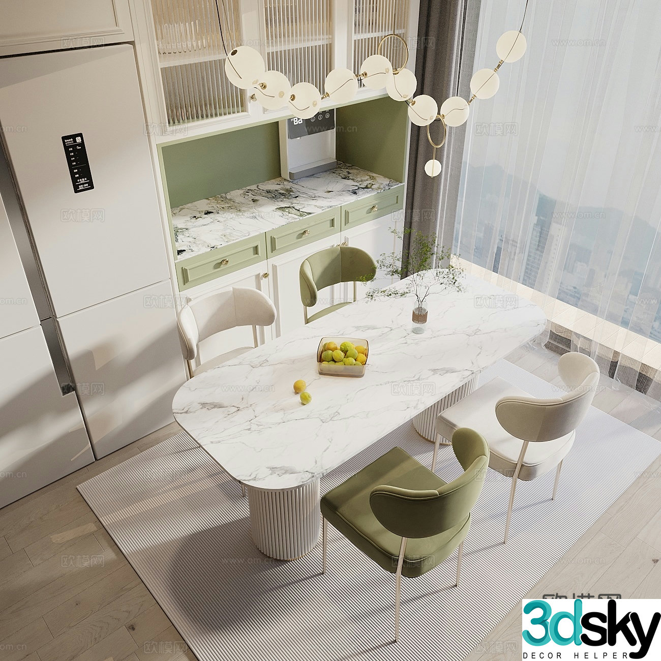 Modern cream style dining table and chair combination long table restaurant restaurant chandeliers wine cabinet sideboard refrigerator 3D model