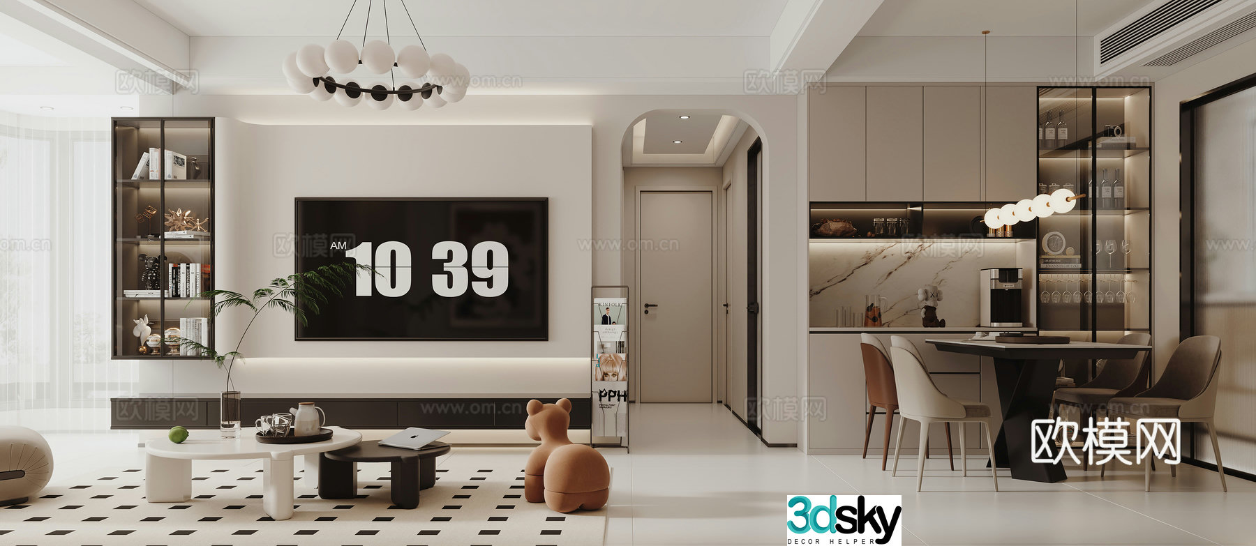 Modern living and dining room 3d model