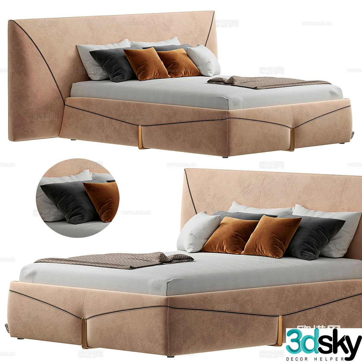 Modern light luxury Bastian fabric double bed 3D model