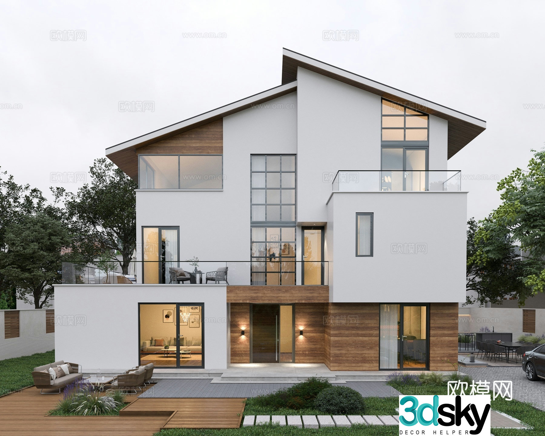 Modern villa building exterior Modern three-story slope-top villa Rural self-built house Courtyard 3D model