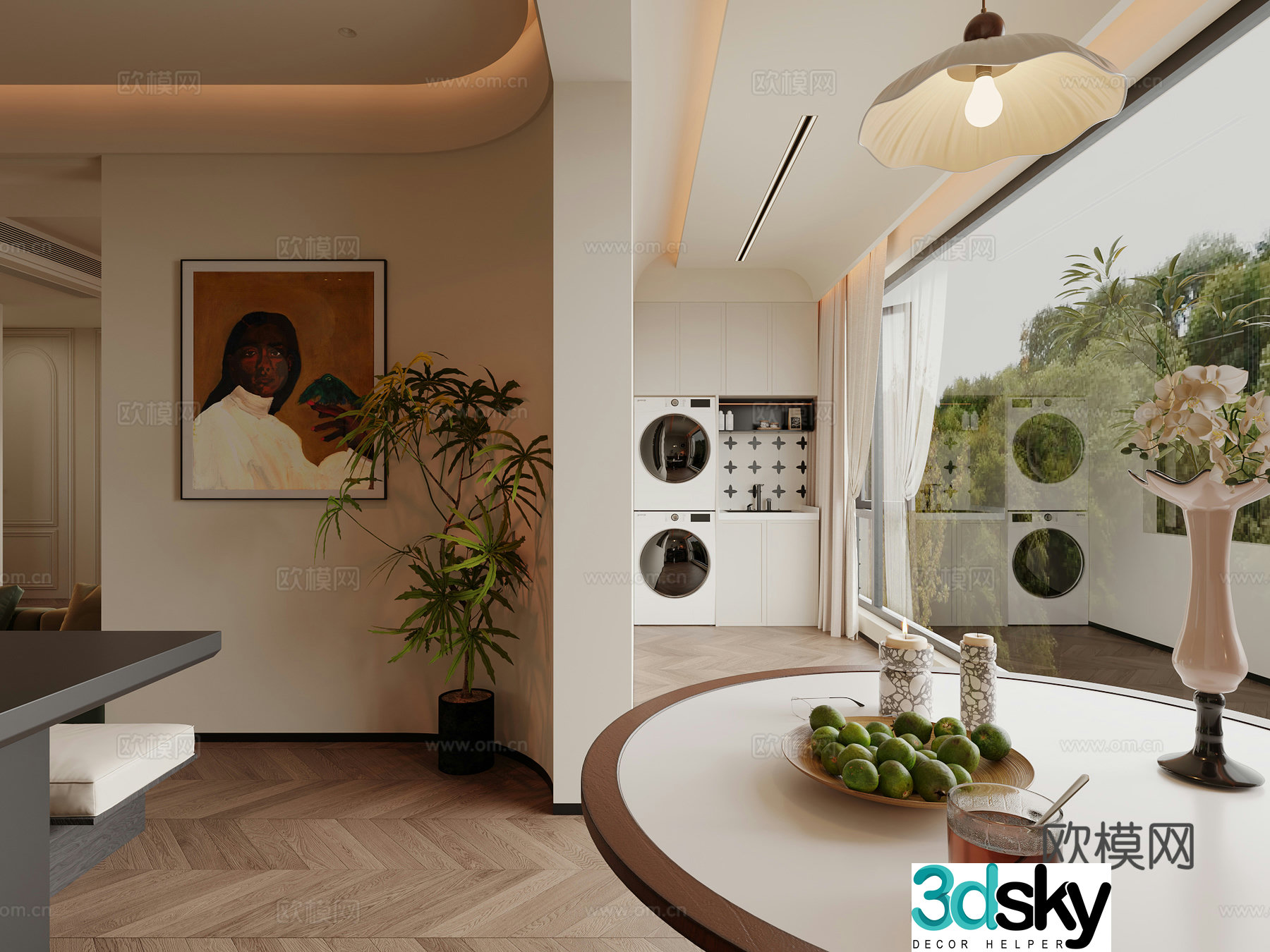 Medium style balcony washing machine hanging painting green plants invisible clothes rack storage cabinet balcony lounge area single chair 3D model
