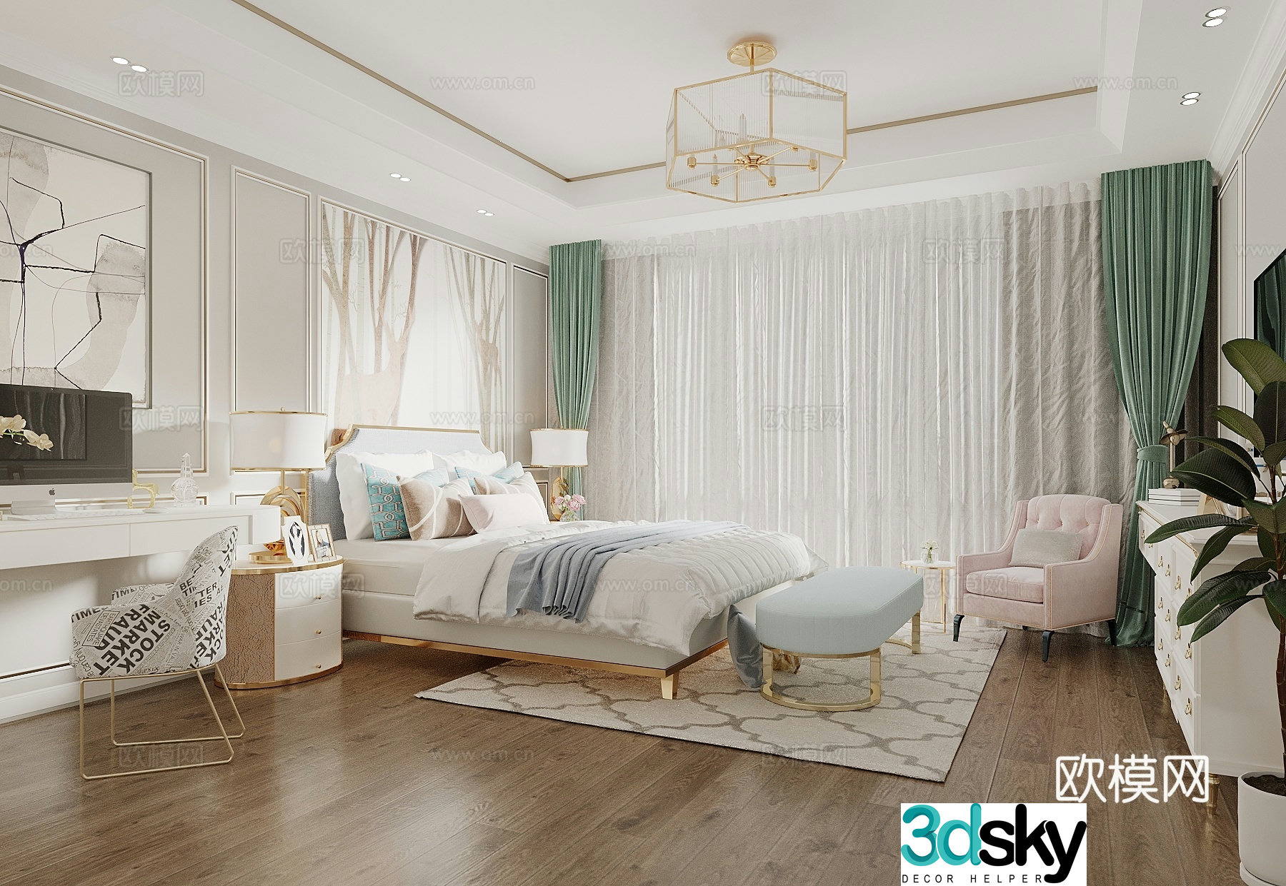 American bedroom French bedroom bedside background wall dressing table TV cabinet leisure chair 3d model