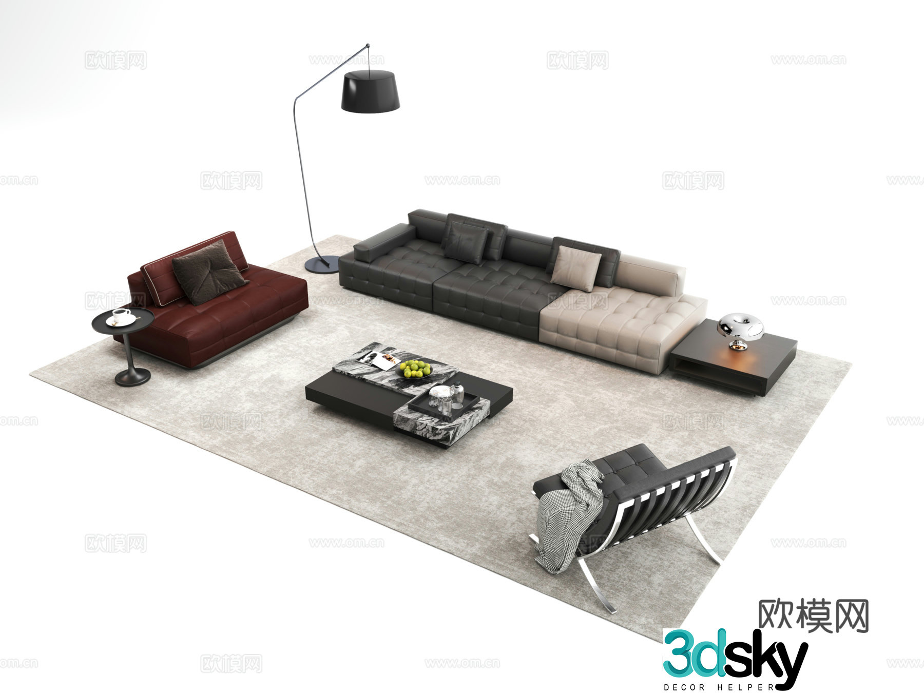 Modern Italian sofa combination rock-panel coffee table sofa coffee table combination multi-person sofa 3D model