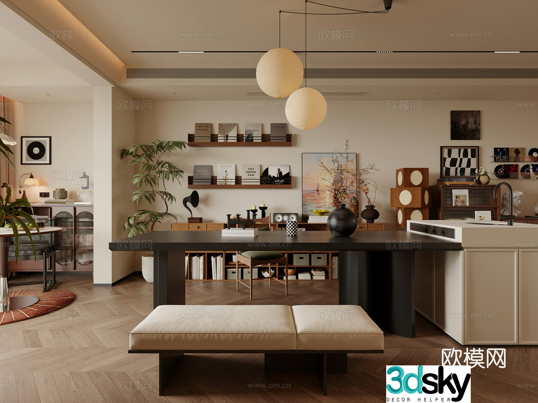 Medium style living room study integrated dining table island table single chair side cabinet decorative cabinet bookcase hanging painting chandeliers green plant wall 3D model