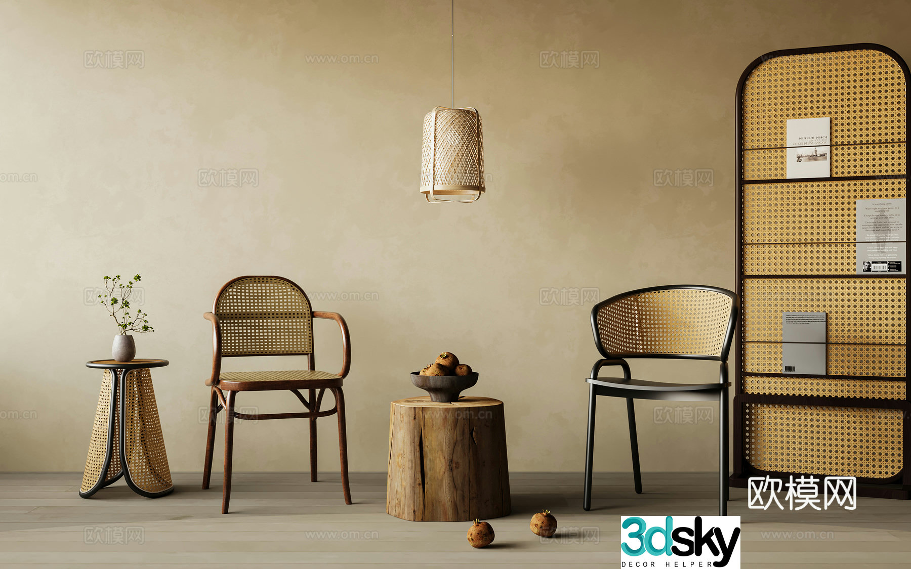 Chair combination Wasabi Middle Ages Chair Rattan Chandelier Rattan Chair Rattan Furniture 3D Model