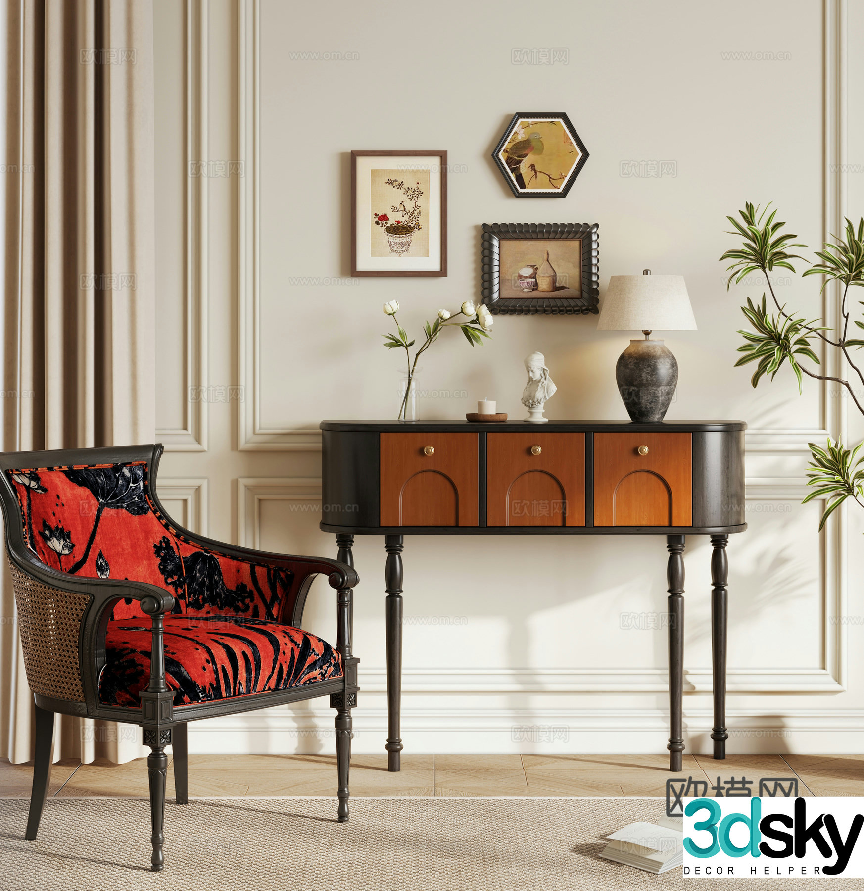 French retro entrance cabinet End view cabinet French leisure chair Single chair Low cabinet 3D model