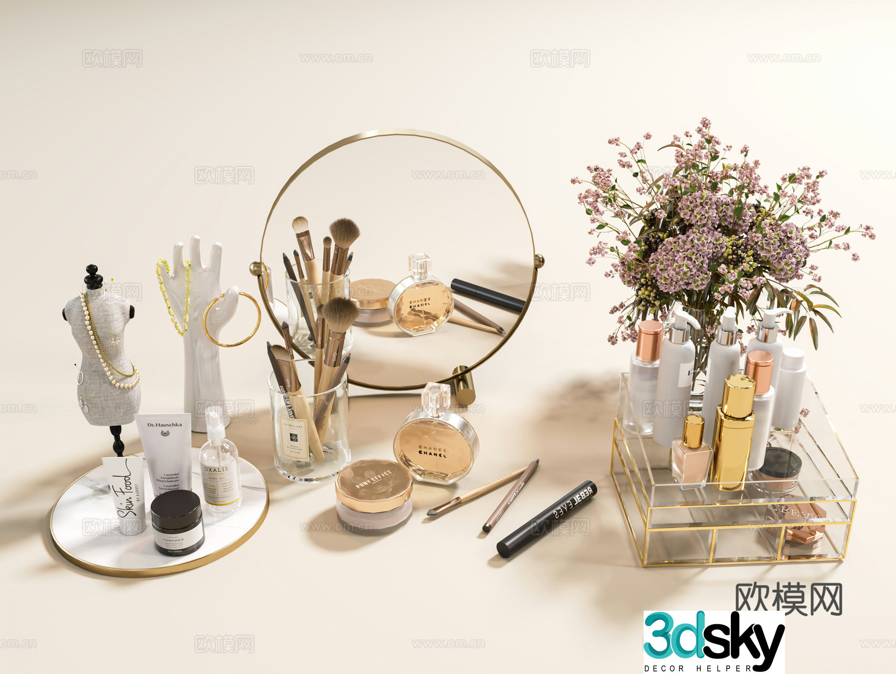 Modern cosmetics cosmetics cosmetic combination makeup mirror vase dressing table jewelry jewelry decoration 3d model