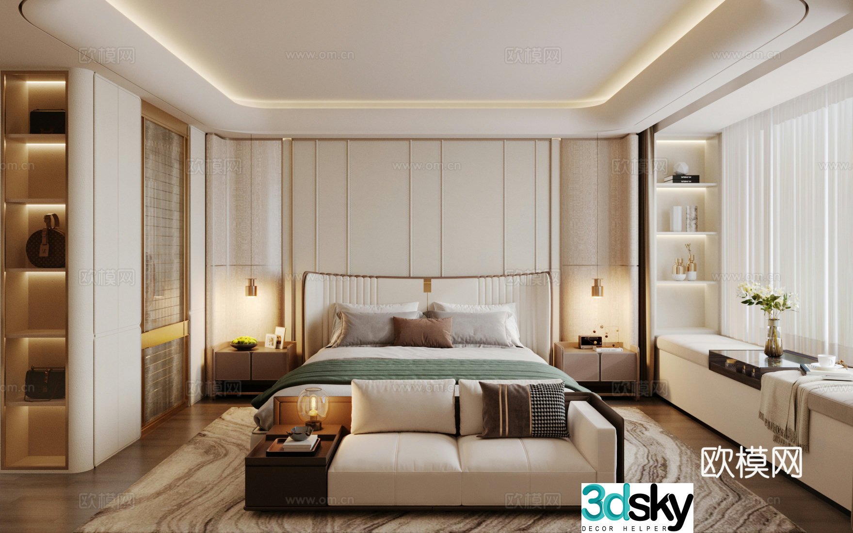 Modern Italian home bedroom Italian light luxury home bedroom Italian backrest double bed without owner light 3D model