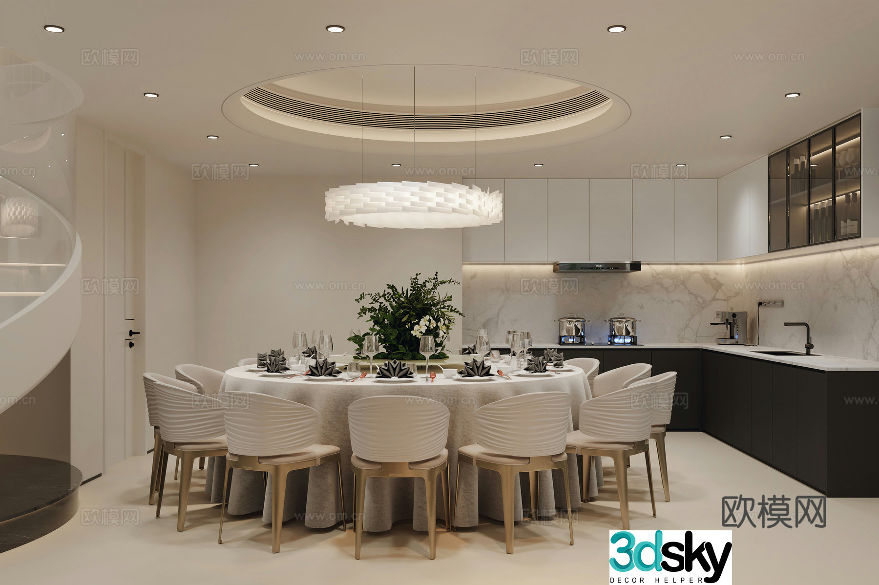 Modern restaurant Large round table Round dining table Open kitchen Western kitchen Hotel private rooms 3D model